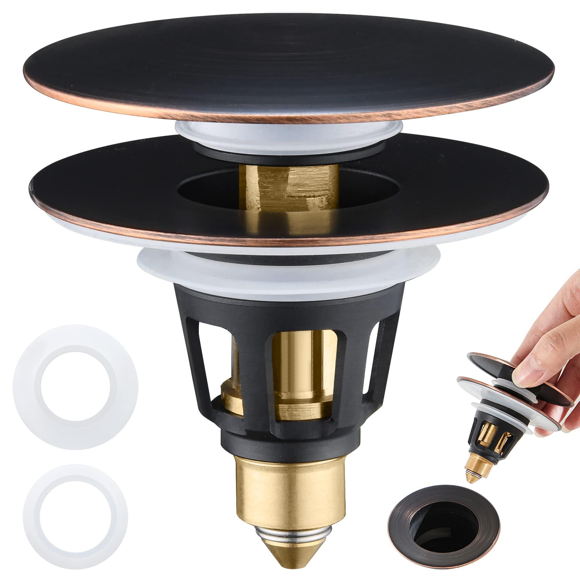 Universal 2-in-1 Bathroom Sink Stopper - Pop Up Sink Drain Stopper, Push Button Sink Drain Stopper Replacement, Wash Basin Drain Filter Plug with Anti-Clogging Strainer, Oil Rubbed Bronze