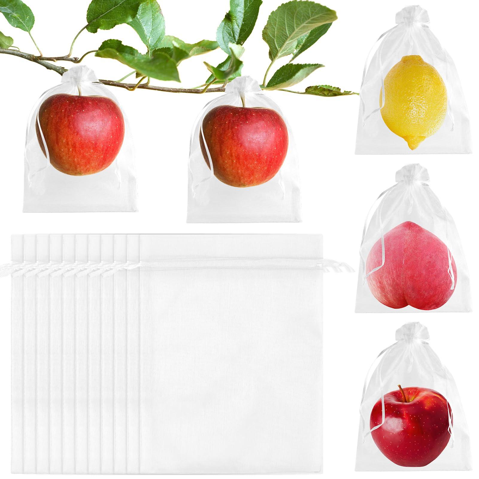 Morcheiong 60pcs Reusable Netting Mesh Bags - 6" x 8", Garden Fruit Protection with Drawstring (White)