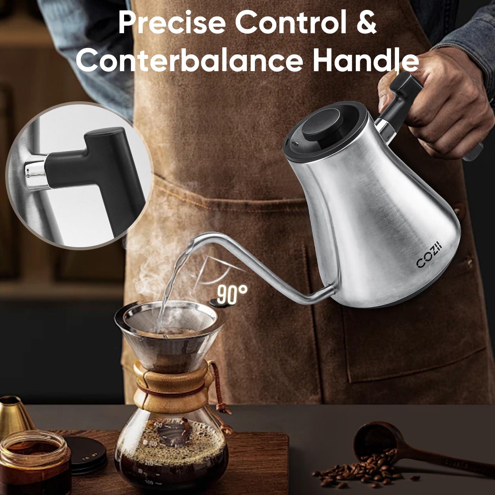 COZII Gooseneck Electric Kettle,5 Presets & ±1℉ Temperature Control 1200W Quick Heating Water Boiler for Coffee/Tea, 24H Keep Warm, Auto Shut Off Pour Over Kettle with 50pcs Coffee Filter,0.9L Silver - Image 8