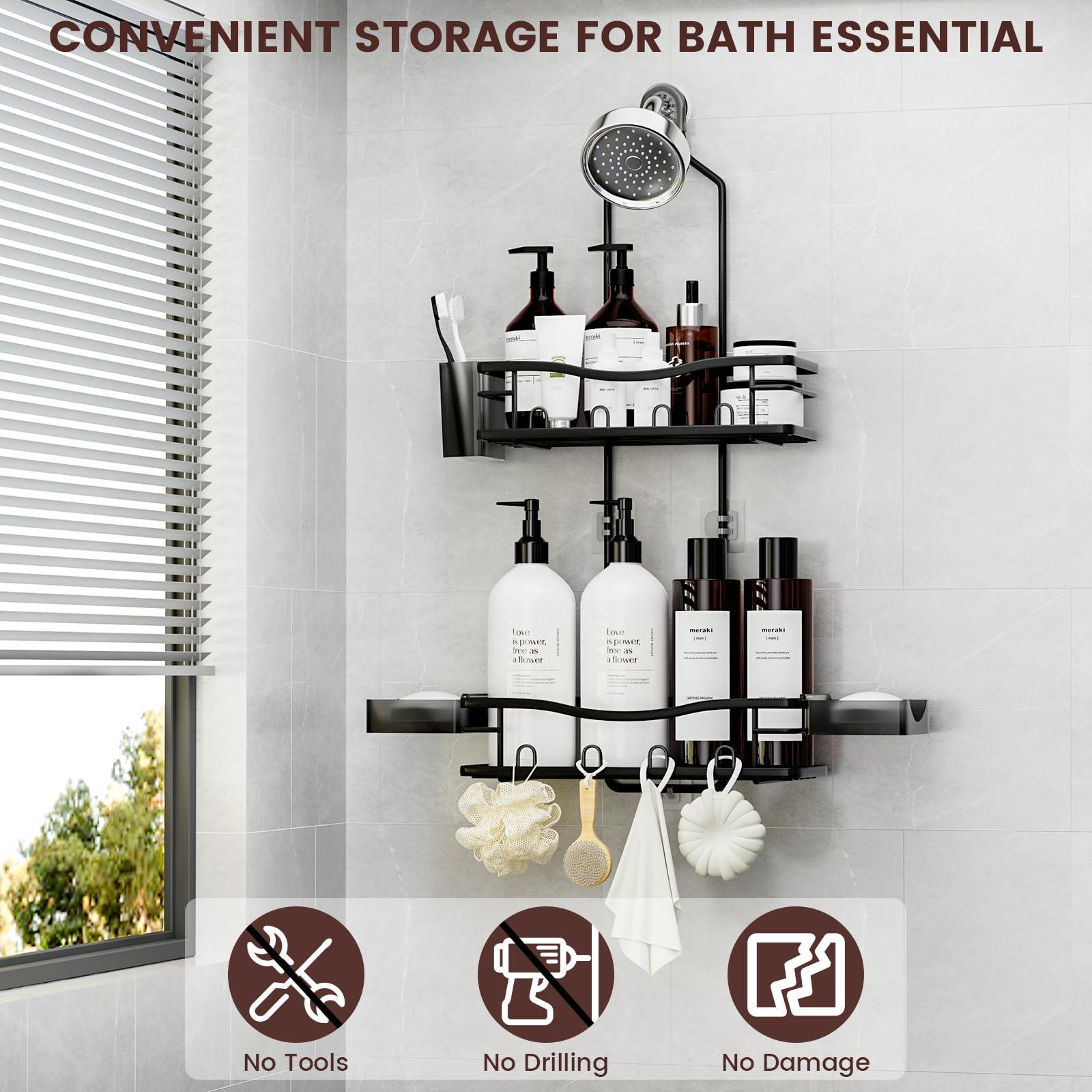 REINHARDT Shower Caddy Hanging, Rustproof Shower Caddy Anti-Swing Shower Organizer Over Showerhead No Drilling Shower Racks with Soap Holder Multi Hooks Bathroom Storage for Shampoo Sponge, Black - Image 3