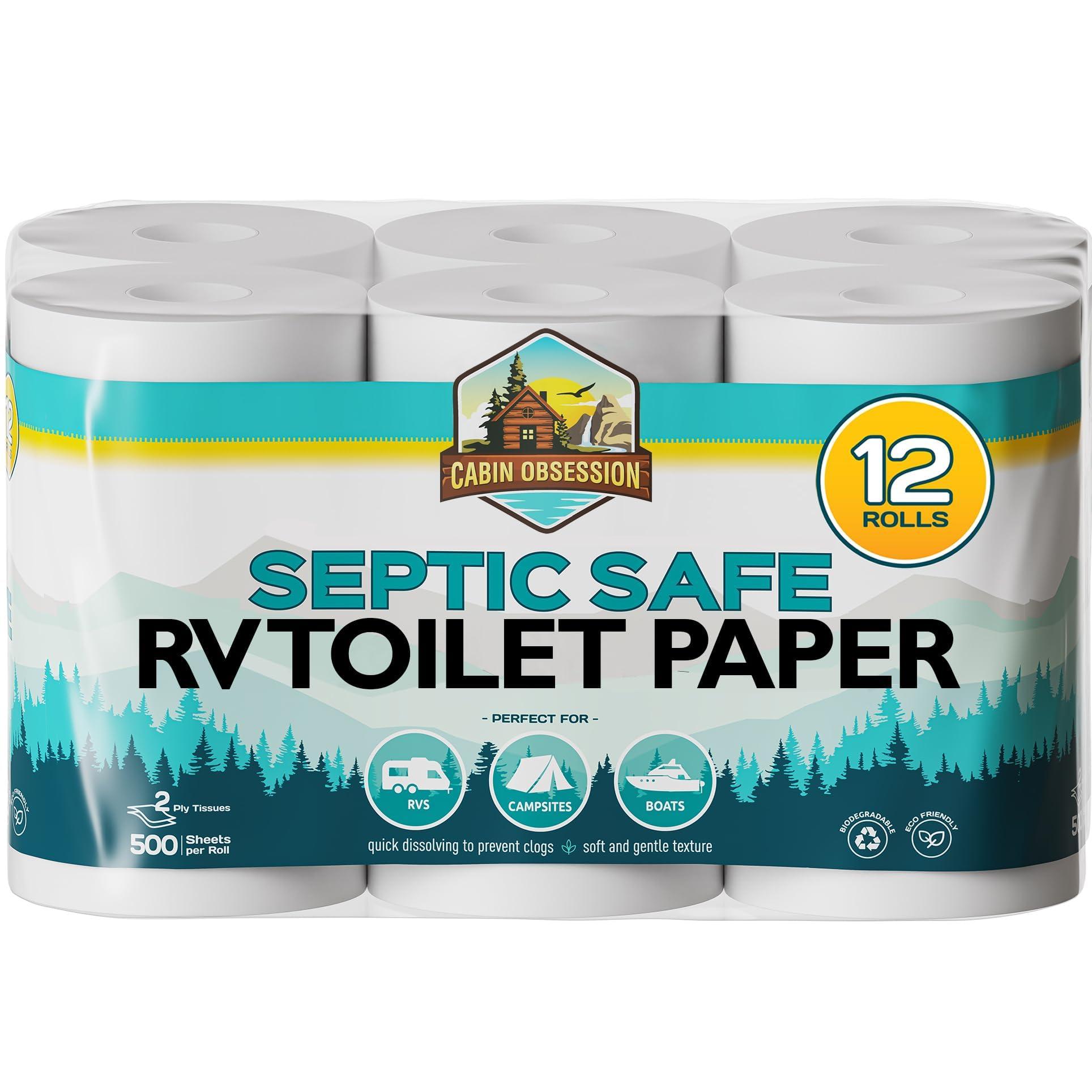 RV Toilet Paper - 12 Pack Septic Safe Toilet Paper 2-Ply Quick Dissolving Camper Toilet Paper Septic Safe to Prevent Clogs - Perfect for Automotive RVs, Septic Tank Systems, Boats, and Camping