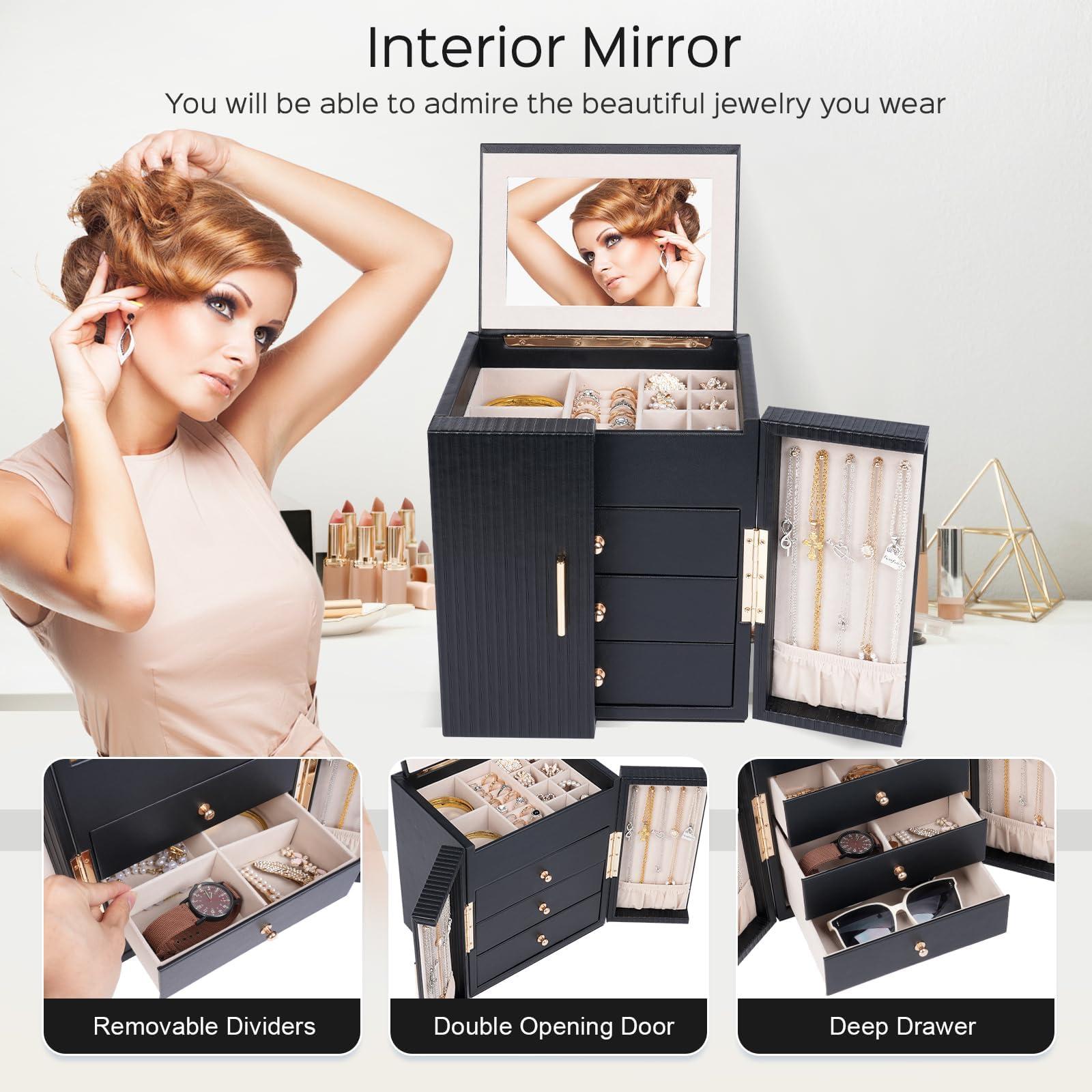 Dajasan Large Jewelry Box for Women, Jewelry Organizer Box with 3 Drawers, Jewelry Storage Organizer with Mirror for Necklace Ring Bracelet Watch, Gift Idea, 8.7 x 7.5 x 9.8 Inches (Black) - Image 6