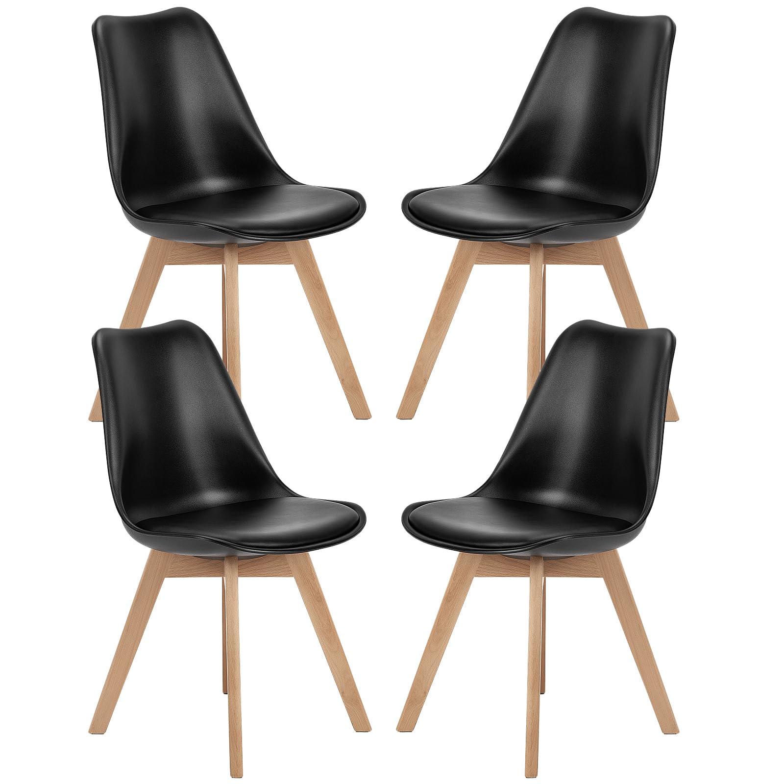 Sweetcrispy Dining Chairs Set of 4, Kitchen Room PU Leather Mid Century Modern Chairs, Upholstered Dining Chair with Wood Legs for Home Kitchen, Black
