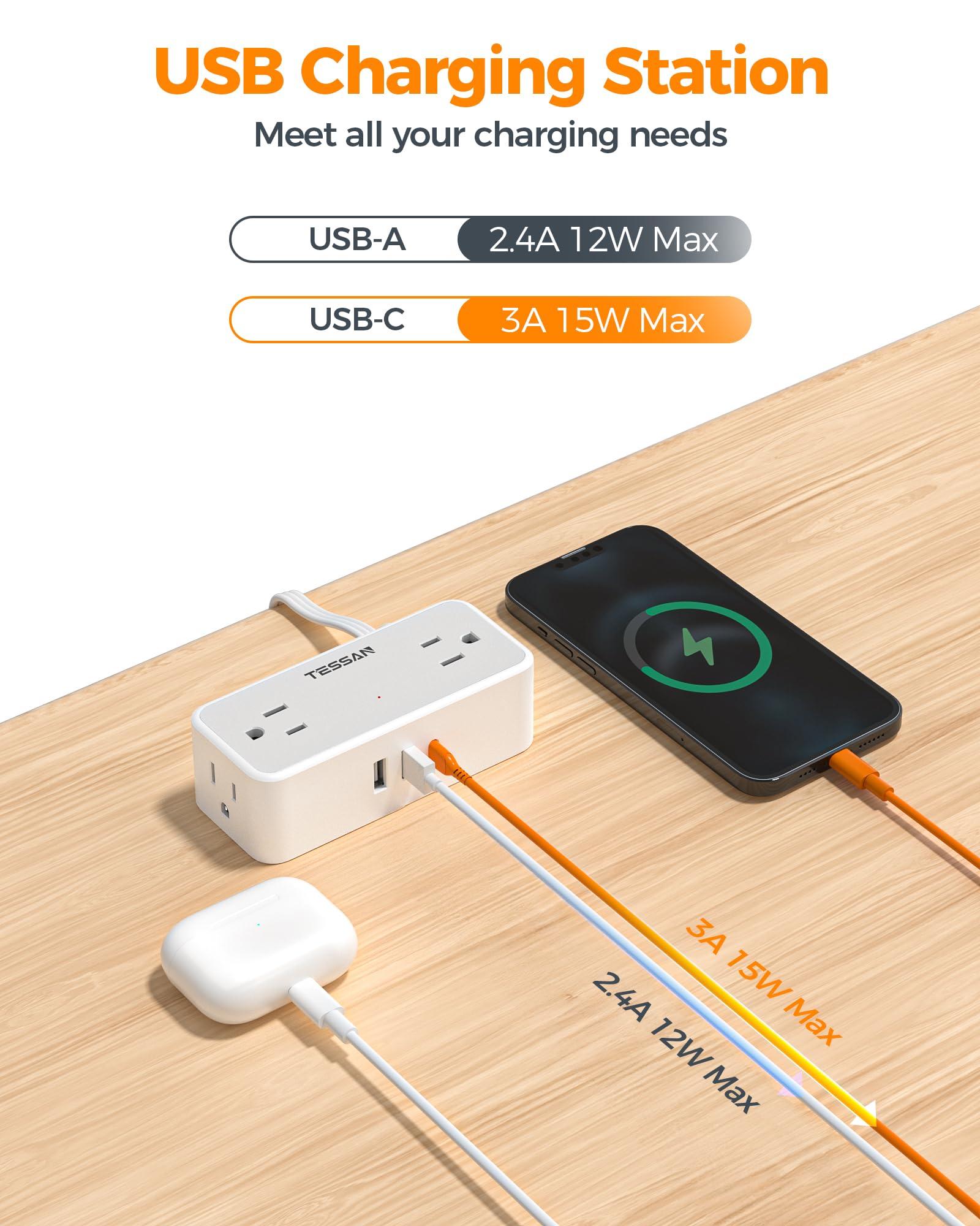 Flat Plug Extension Cord 5 FT, TESSAN Surge Protector Power Strip with 4 AC Outlets 1 USB C and 2 USB A Ports, 900 Joules Protection, Multiple Wall Outlet Extender Suitable for Home Office Dorm - Image 5