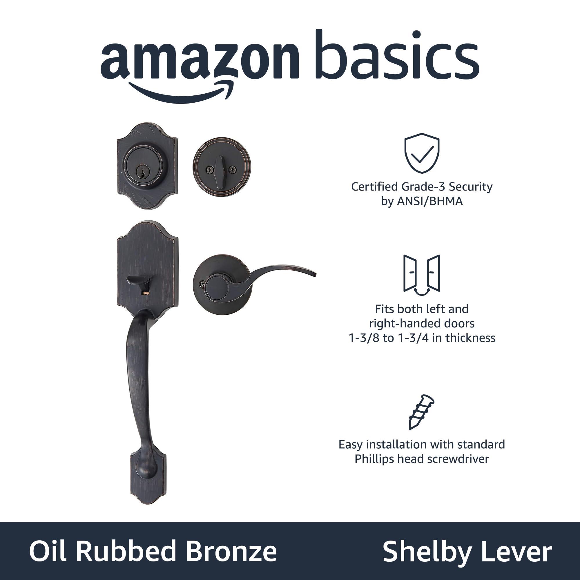 Amazon Basics Front Door Lock Set, Handleset with Shelby Lever, Level Door Handle, Exterior, Single Cylinder Packs, Oil Bronze, 6-Pack - Image 3