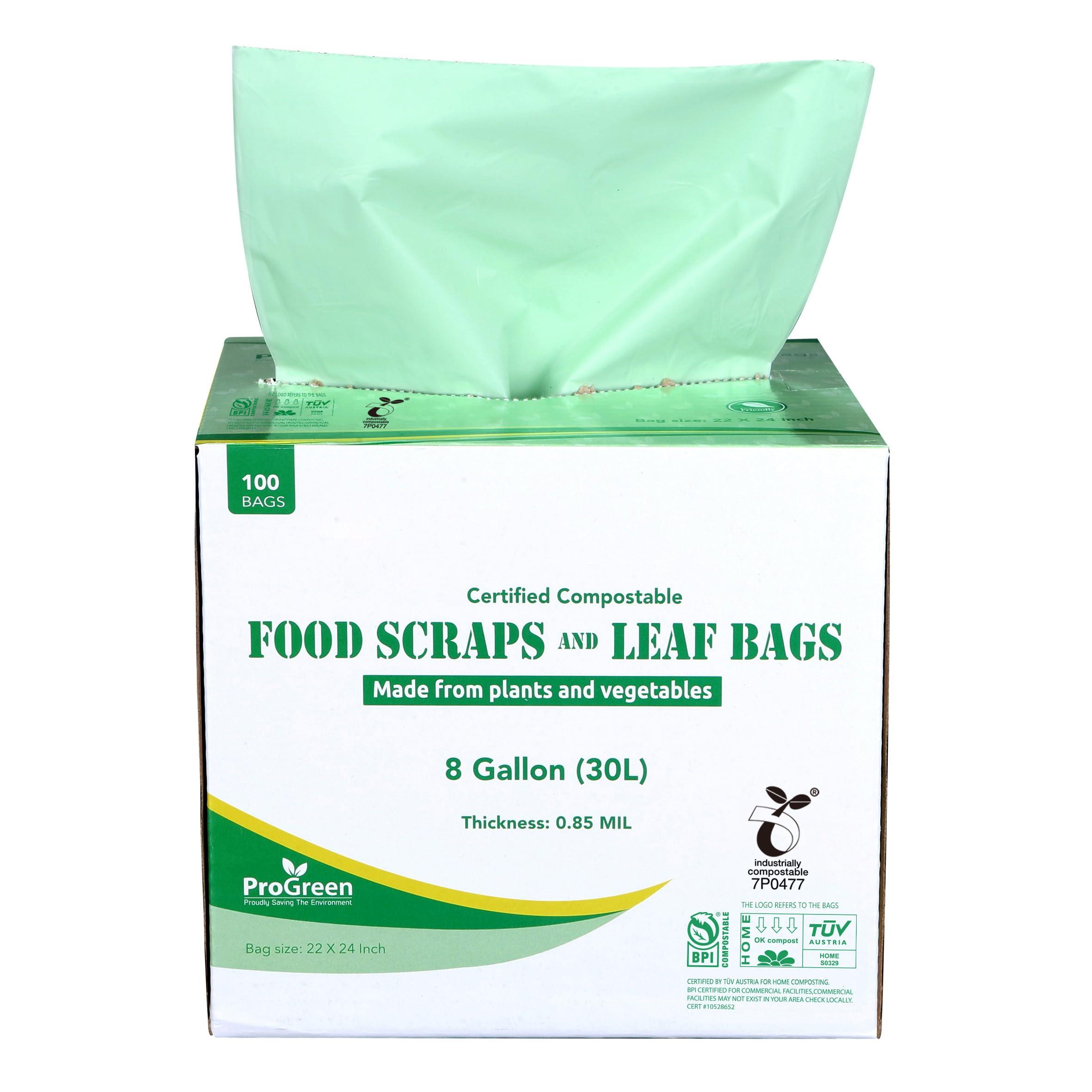 ProGreen Compostable Trash Bags, Extra Thick, Compost Kitchen Bin Bags, Food Scraps Yard Waste Bags, ASTM D6400 BPI and TÜV AUSTRIA Certified (8 Gallon, Pack of 100)