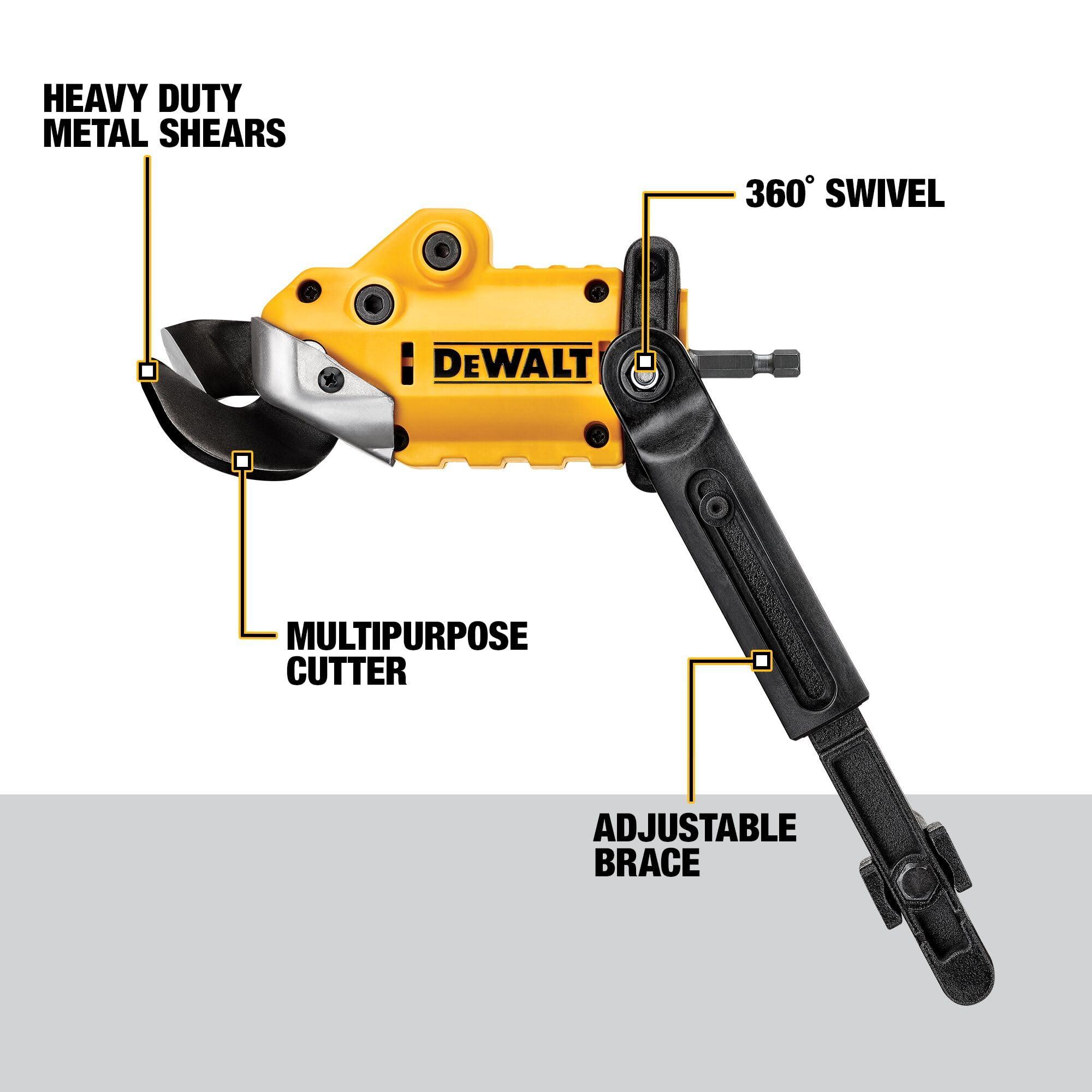 DEWALT Metal Shear/Cutter Drill Attachment, Impact Ready, 360 Degree Pivoting Head, Cuts 18GA Material (DWASHRIR)(Yellow, Black) - Image 3