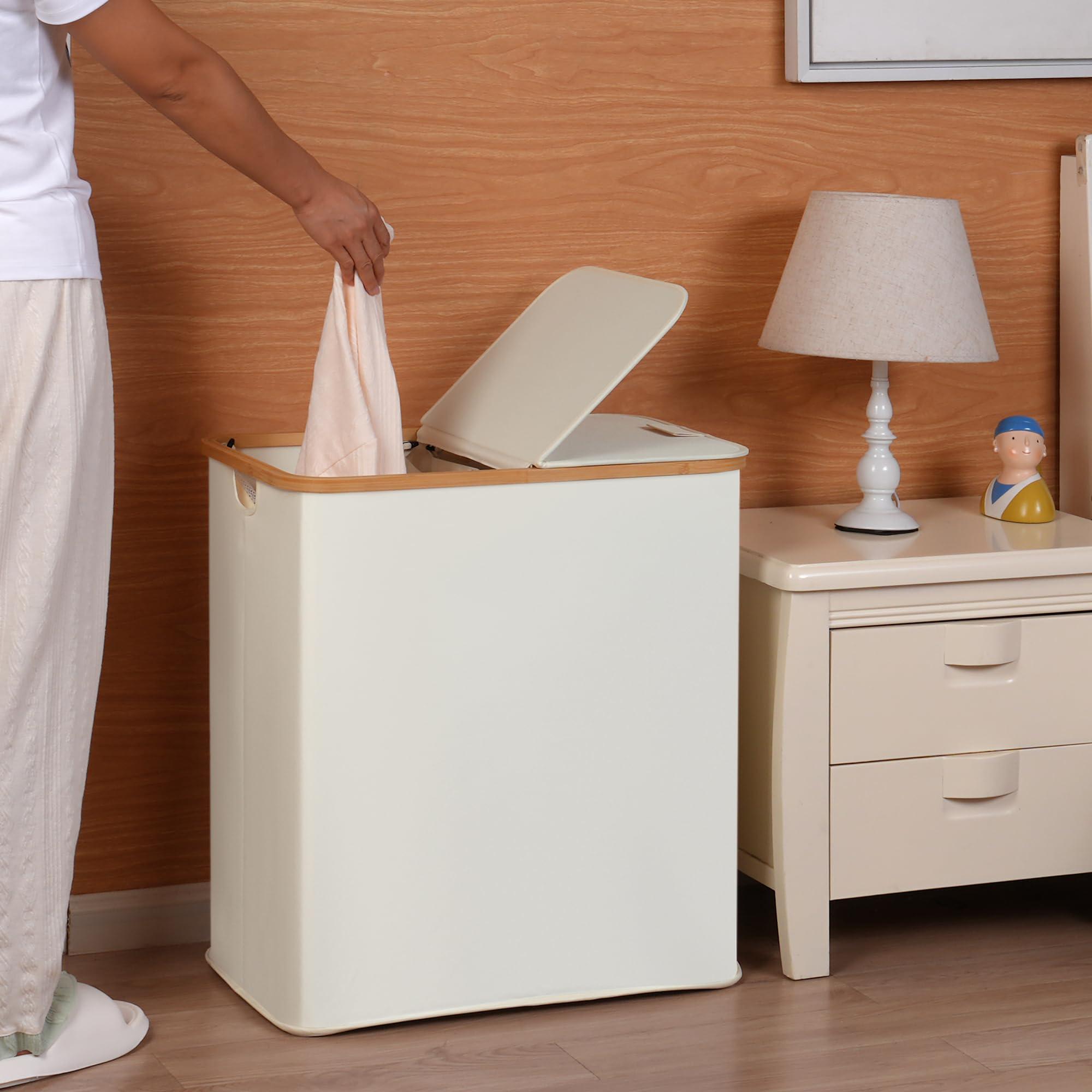 efluky Laundry Hamper with Lid, Double Laundry Hamper with 2 Removable Bags, 2 Section Laundry Basket with Bamboo Handles for Bathroom, Bedroom & Laundry Room, 140L (36.9 Gallon) Beige - Image 2