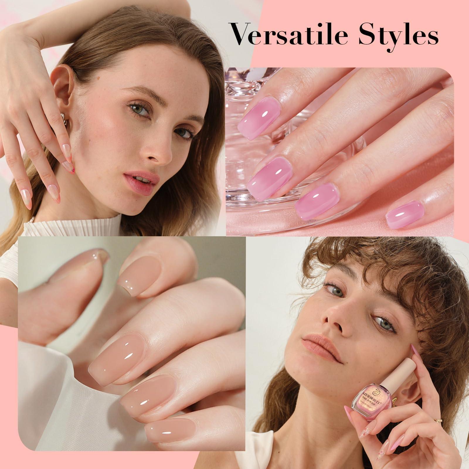 AZUREBEAUTY Jelly Nail Polish Set Quick Dry Transparent Nude Pink Purple Brown 4 Colors Sheer Natural Nail Lacquer Fingernail Kit with Top Coat Nail Polish DIY Salon Home - Image 3