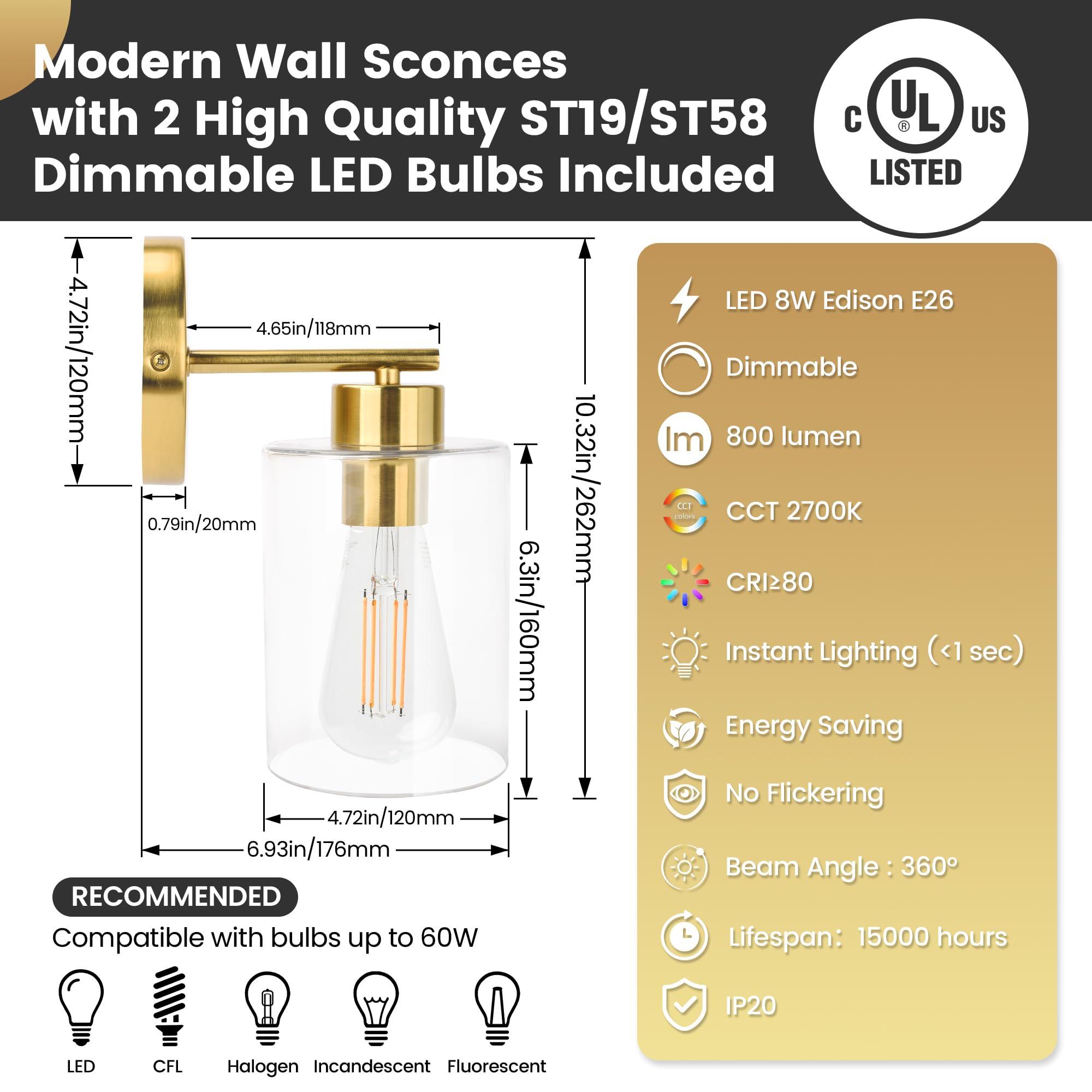 VEVOLIGHT® Gold Wall Sconces Set of Two | Gold Wall Decor Living Room | Wall Lights for Bedroom | Bathroom Light Fixtures | Modern Industrial Wall Sconce | Lighting UL Listed (Lodge) - Image 4