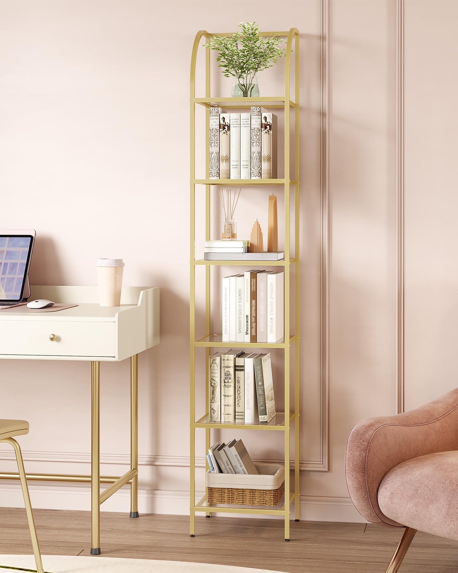 Hzuaneri Bookcase Bookshelf, Tempered Glass Arched Bookshelf for More Storage, Slim Shelving Unit for Bedroom, Bathroom, Home Office, Steel Frame, 6 Tier Gold BC20699G - Image 8