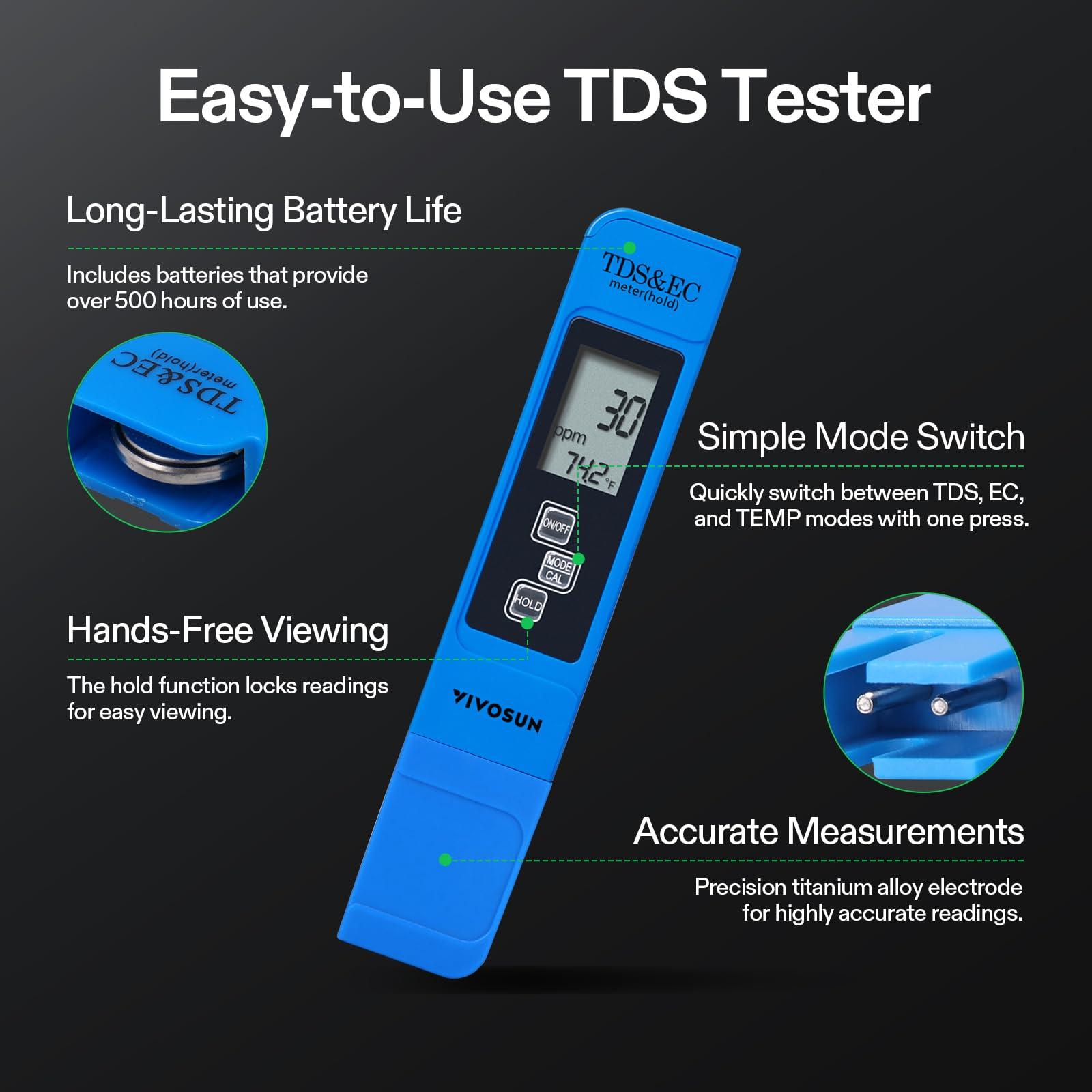 VIVOSUN Digital pH and TDS Meter Kits, 0.01pH High Accuracy Pen Type pH Meter ± 2% Readout Accuracy 3-in-1 TDS EC Temperature Meter for Hydroponics, Pool and Aquarium, Yellow Blue, UL Certified - Image 3