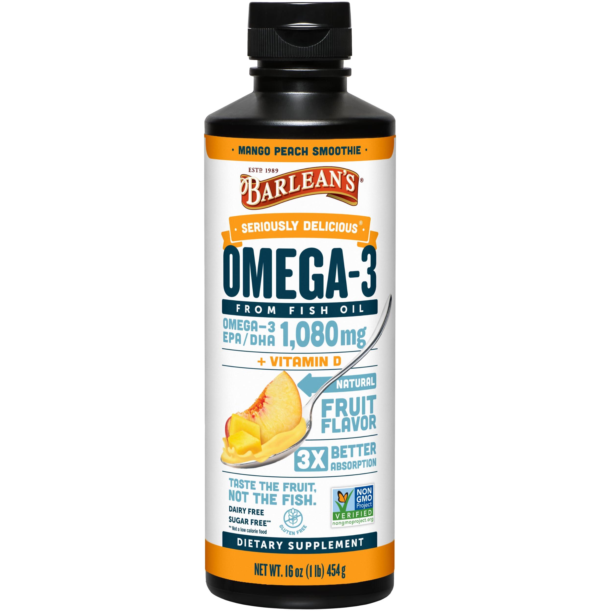 Barlean's Mango Peach Omega 3 Fish Oil Liquid Supplement with Vitamin D, 1080mg EPA & DHA Fatty Acid, Smoothie Flavored & Burpless for Brain, Joint, & Heart Health, 16 oz