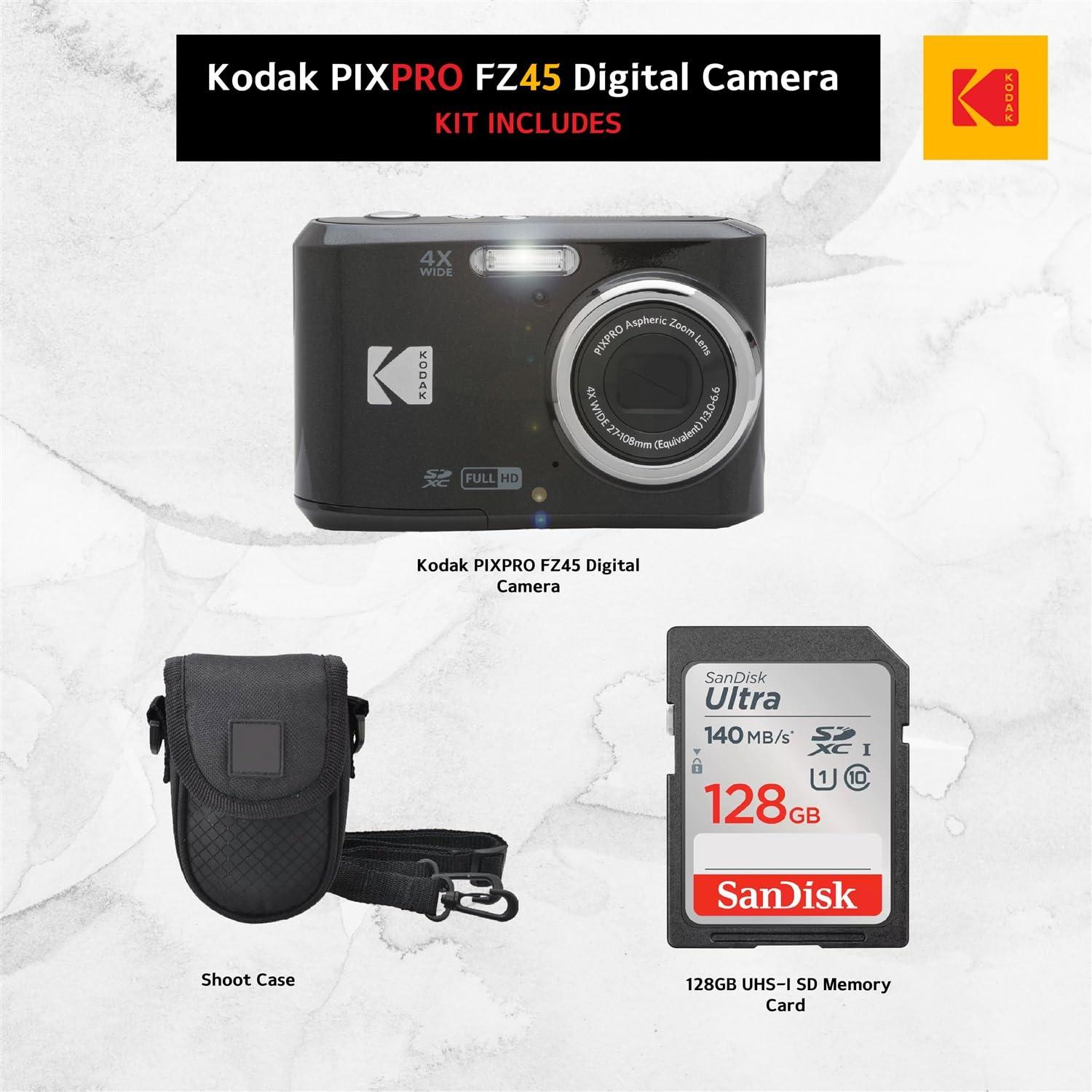 Kodak PIXPRO FZ45 Digital Camera (Black), Point & Shoot Camera Case, Sandisk 128GB SDXC Memory Card - Image 2