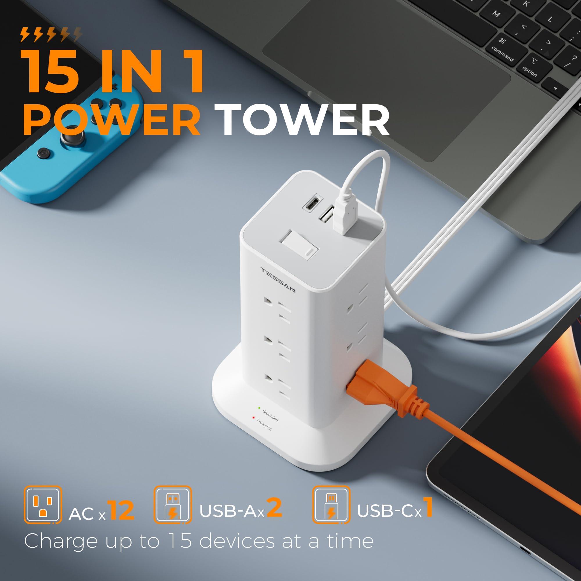 Power Strip Tower with Surge Protector, TESSAN Flat Plug Extension Cord 10 Ft with 12 AC Outlets with 3 USB Ports (1 USB C), Multiple Outlets for Home, Office Supplies, Dorm Room Essentials - Image 2