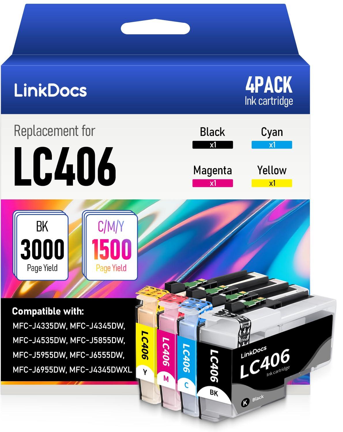 LinkDocs LC406 Ink Cartridges Compatible Replacement for Brother LC406 LC406XL Compatible with Brother MFC-J4535DW MFC-J4345DW MFC-J4335DW MFC-J5855DW MFC-J5955DW MFC-J6555DW (4 Color)
