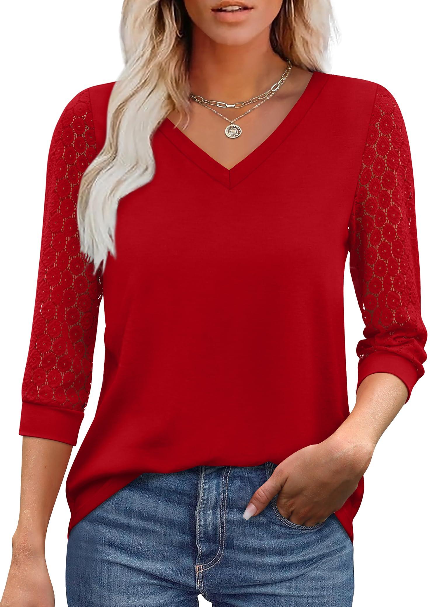 XIEERDUO 3/4 Length Sleeve Womens Tops V-Neck Lace Tunic Tops Business Casual Blouses 2025