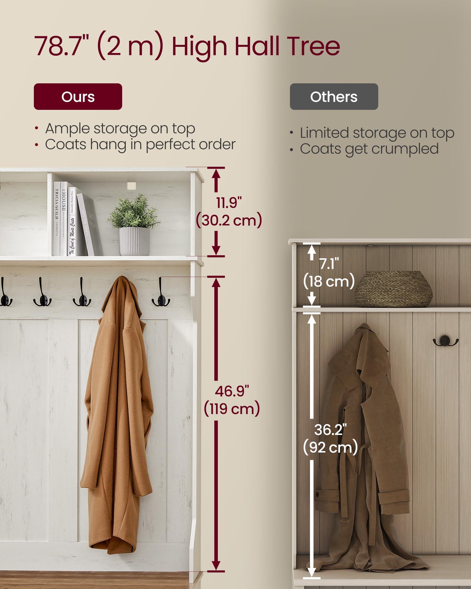 VASAGLE Hall Tree with Bench and Shoe Storage, Coat Rack with Shoe Bench, Entryway Furniture, 6 Tri-Hooks, Sliding Door, Farmfouse Style, Space Saving, Rustic White and Honey Brown UHSR442W01 - Image 3