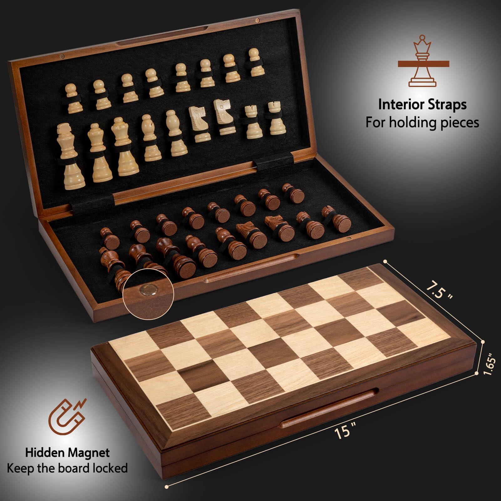 Chess Set Board Games for Adults: Handmade Walnut Wooden 15" 2 Extra Queens Folding Portable Travel Gift idea Pieces Storage Bags Instructions - Image 3