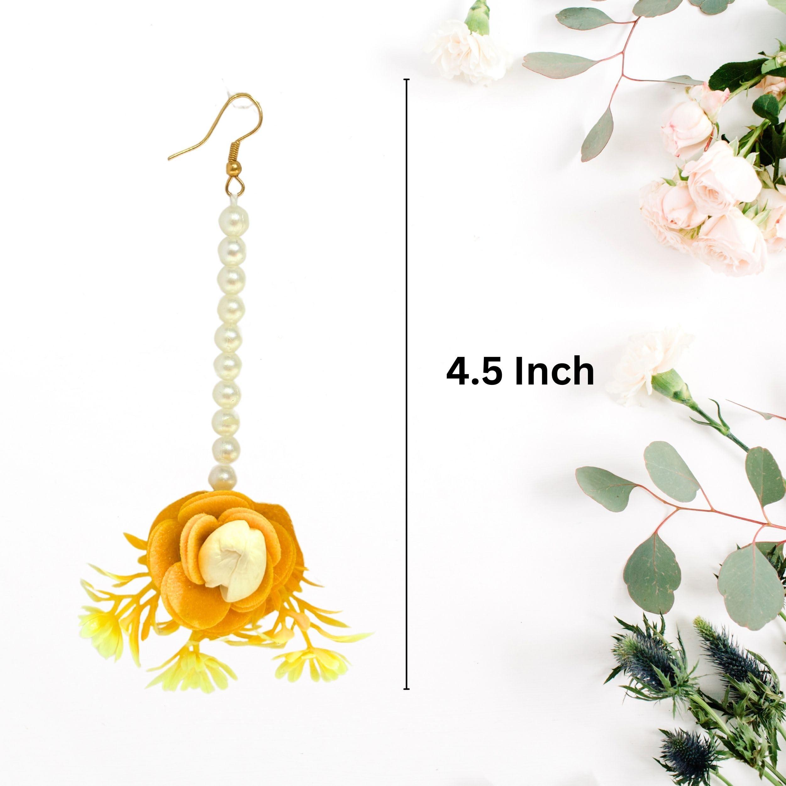 Flower Maang Tikka Set for Wedding | Sagai| Haldi | Mehandi | Party in Yellow Colour for Women, Floral Jewellery/Jewelry Mangtika Combo 5 Pcs - Image 5