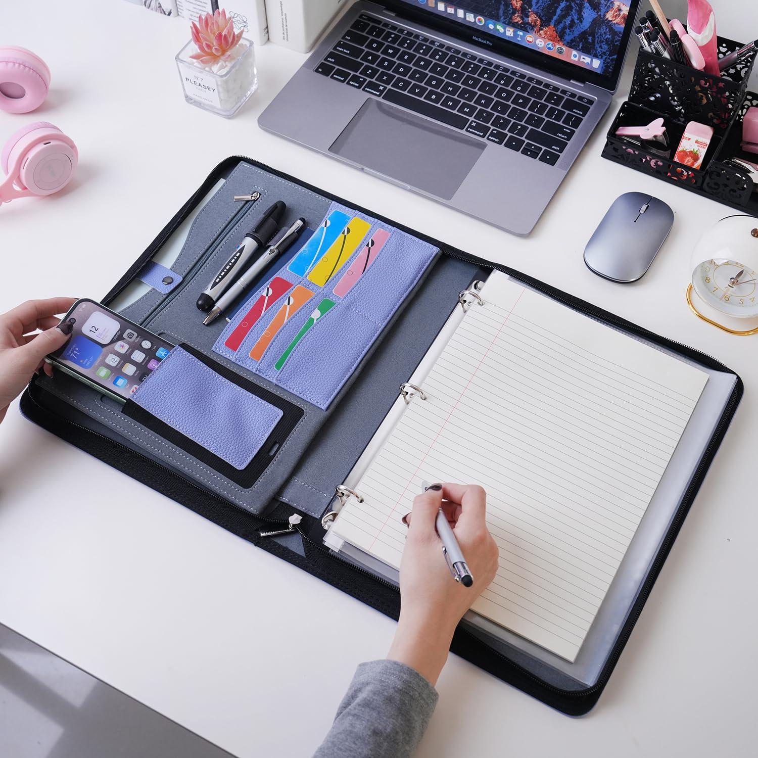 Wonderpool Travel Zippered Portfolio 3 Ring Binder A4 Padfolio Document Case with Removable Clipboard Legal Pad Holder, Business Office School Organizer for Men and Women (Purple) - Image 6