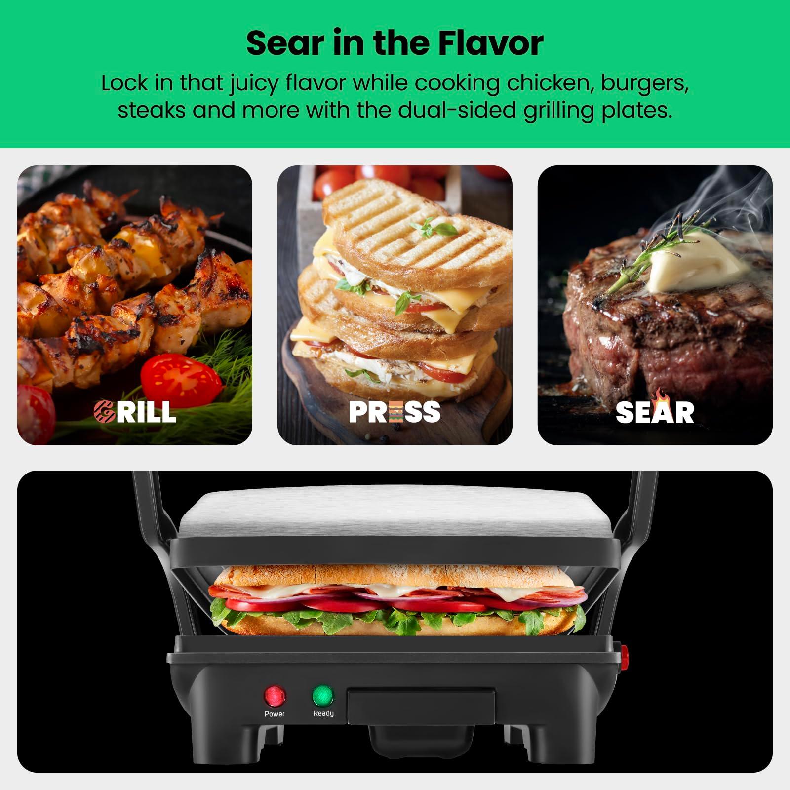 Chefman Panini Press Grill and Gourmet Sandwich Maker Non-Stick Coated Plates, Opens 180 Degrees to Fit Any Type or Size of Food, Stainless Steel Surface and Removable Drip Tray, 4 Slice, Black - Image 6