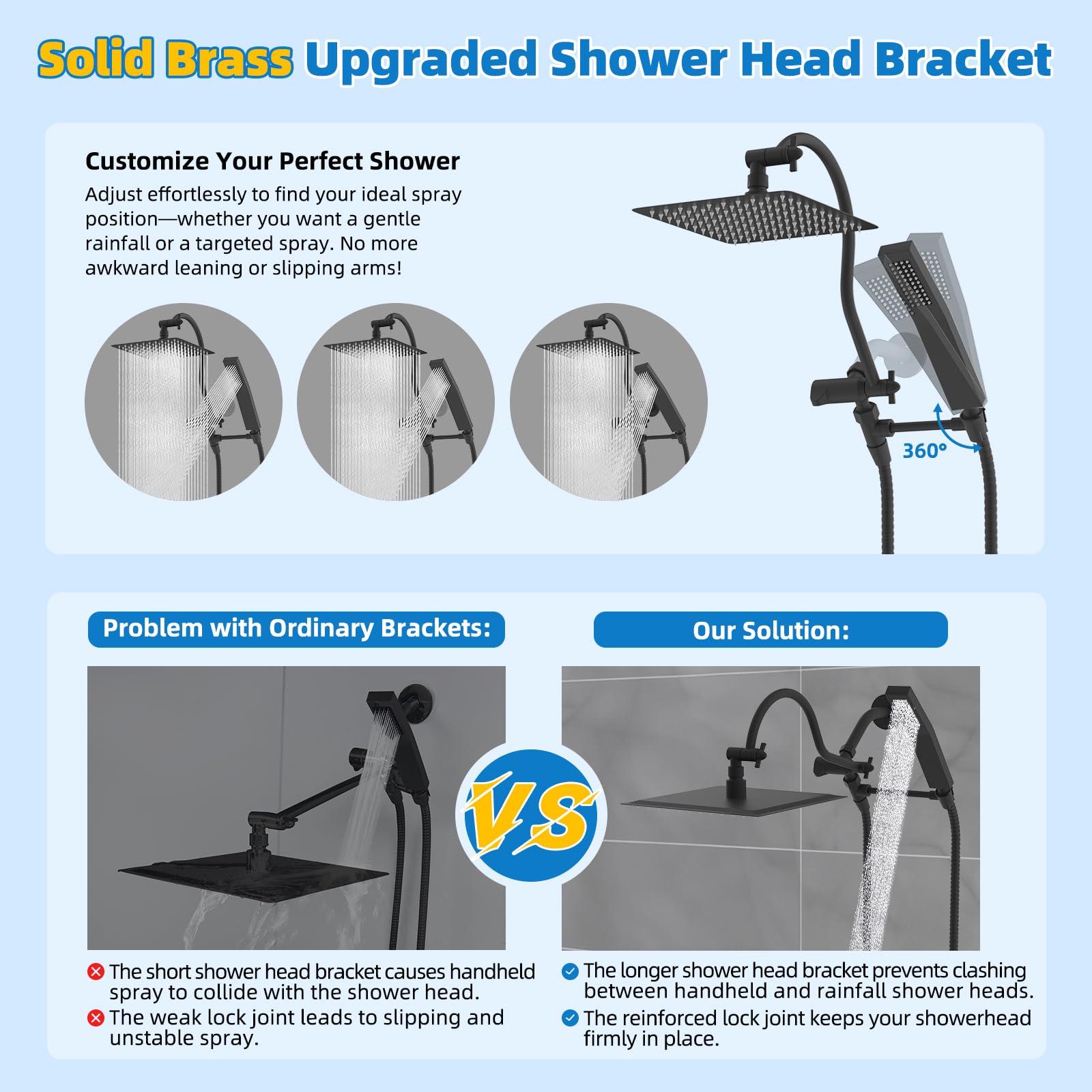 Hibbent All Metal Shower Head, 10'' High Pressure Rainfall Shower Head, Showerhead Combo, Handheld Shower Wand, 12'' Adjustable Curved Shower Extension Arm, 71'' Hose, Shower Head Holder, Matte Black - Image 3
