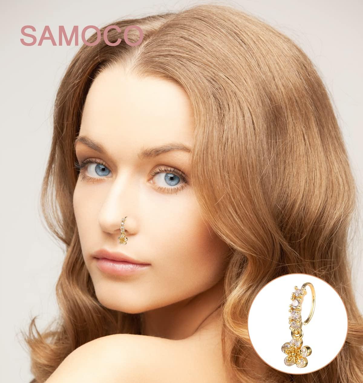 SAMOCO 20Pcs 20G Dangle Nose Ring L Shaped Dangling Nose Stud for Women Stainless Steel Nose Ring Studs CZ Flower Dangle Nose Rings Hoops Nose Piercing Jewelry - Image 2