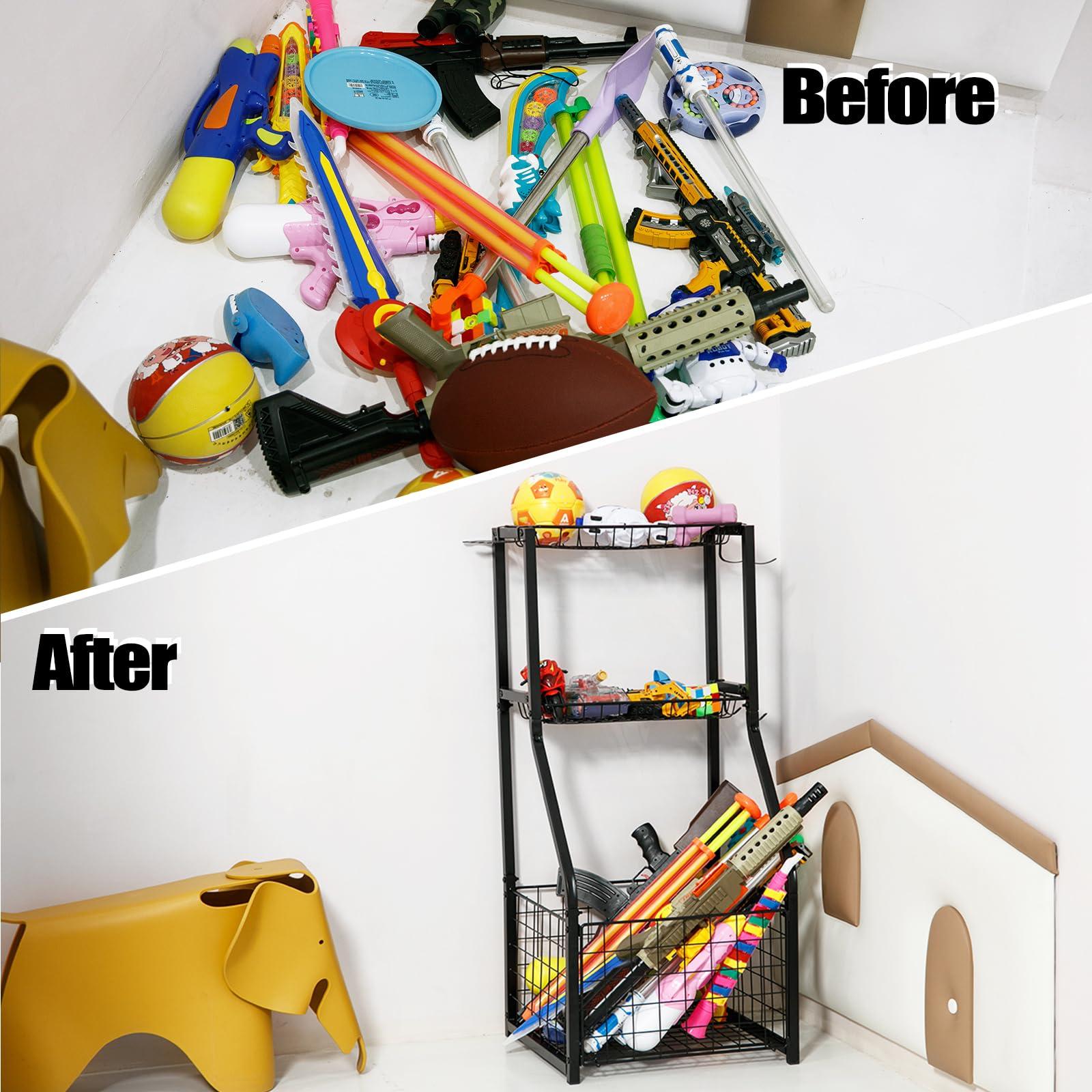 YueTong Sports Equipment Organizer for Garage Organization,Ball Storage With Basketball Holder and Ball Cart Rack,Outdoor Toy Storage with Bin for Nerf Gun,Football,Volleyball Stuf,Gym Accessories - Image 6
