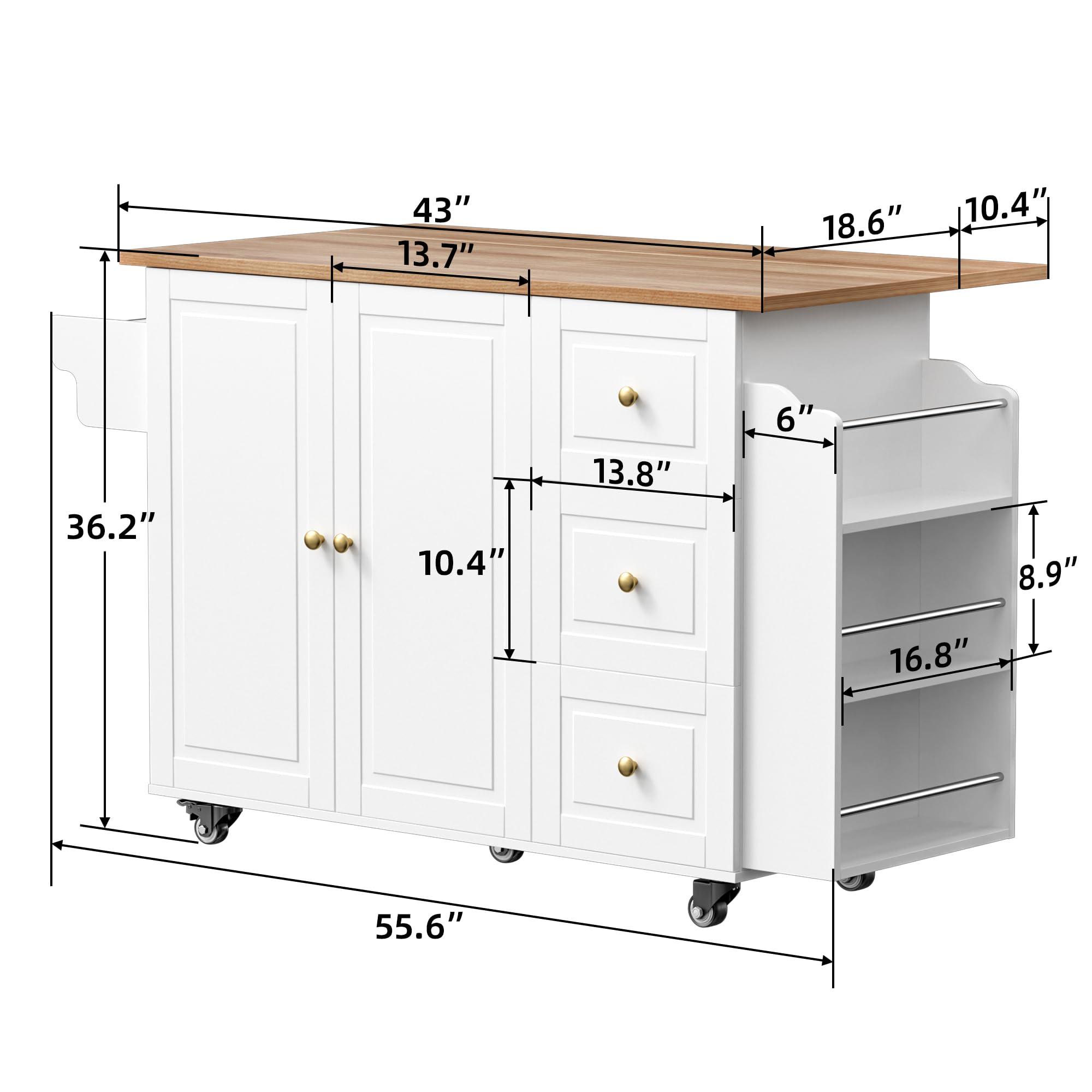 VALONDINO Kitchen Island On Wheels, Rolling Kitchen Island Cart with Drop Leaf, Storage Cabinet with 3 Drawers and Inner Adjustable Shelves, Towel Rack Spice Cart White - Image 2