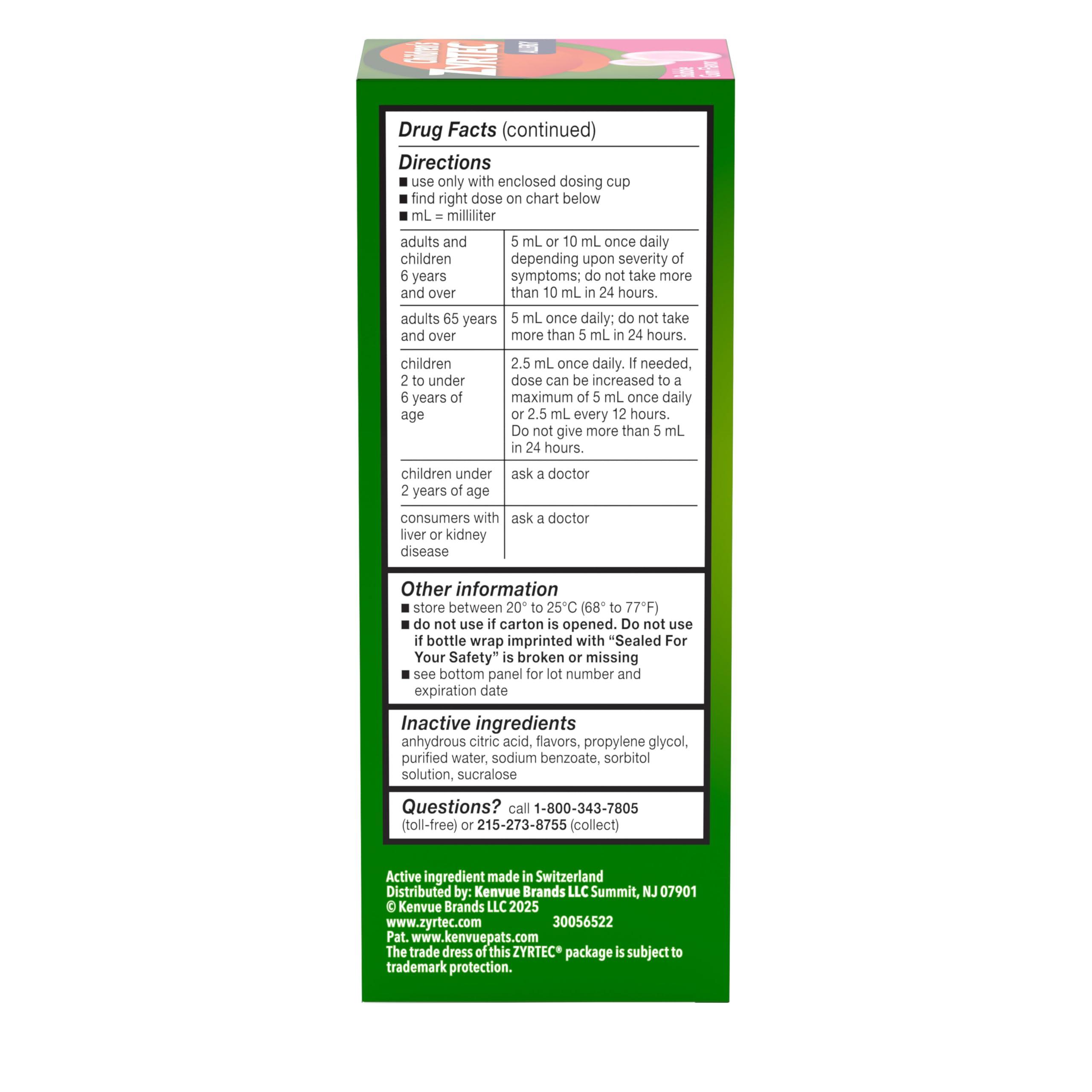 Zyrtec Children's 24 Hour Allergy Relief Syrup, Cetirizine Hydrochloride Antihistamine, Allergy Medicine for Indoor & Outdoor Allergy Relief, Dye- & Sugar-Free, Bubble Gum, 4 fl. oz - Image 8