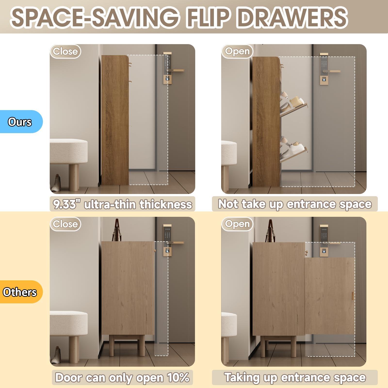 WINWY Rattan Shoe Storage Cabinet with 4 Flip Drawers & 2 Drawers, Freestanding Organizer for Front Door Entrance, Hidden Narrow Shoe Rack Cabinet Storage for Entryway, Rustic Oak Rattan - Image 4