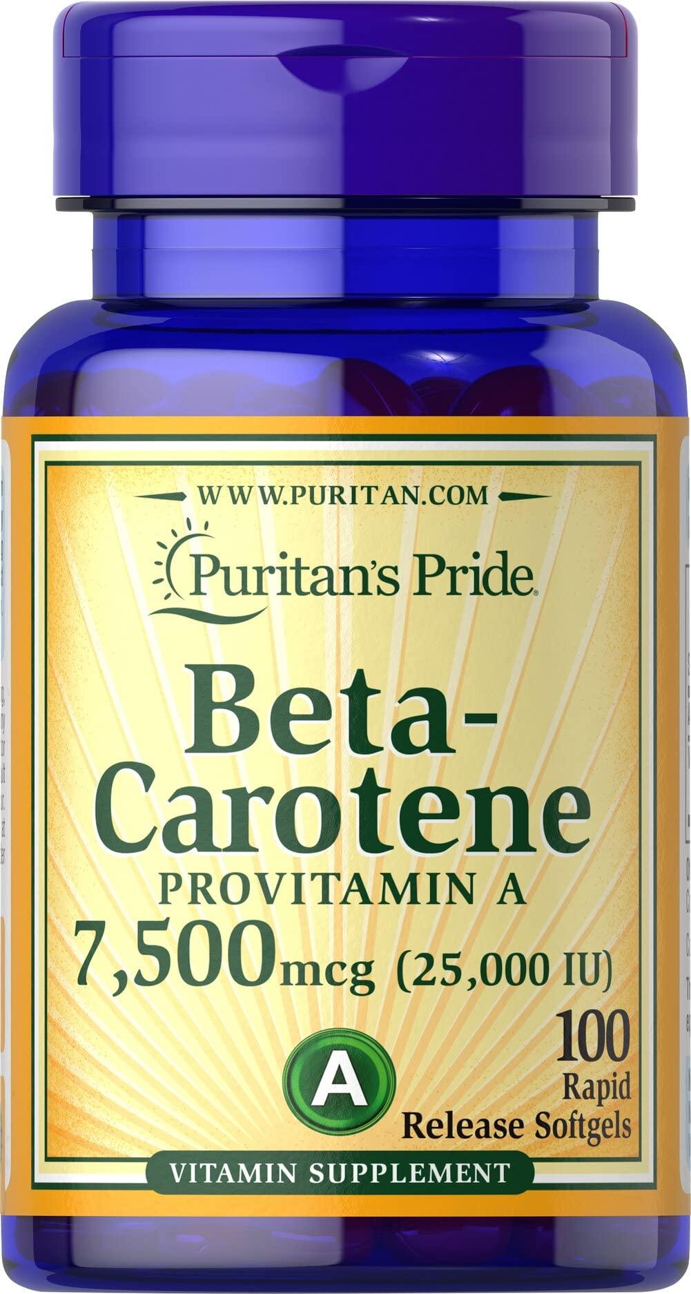 Puritan's Pride Beta Carotene Provitamin A 7,500mcg (25,000 IU), Vitamin Supplement for Immune System, Antioxidant and Eye Health Support, 100 Day Supply, 100 Rapid Release Softgels