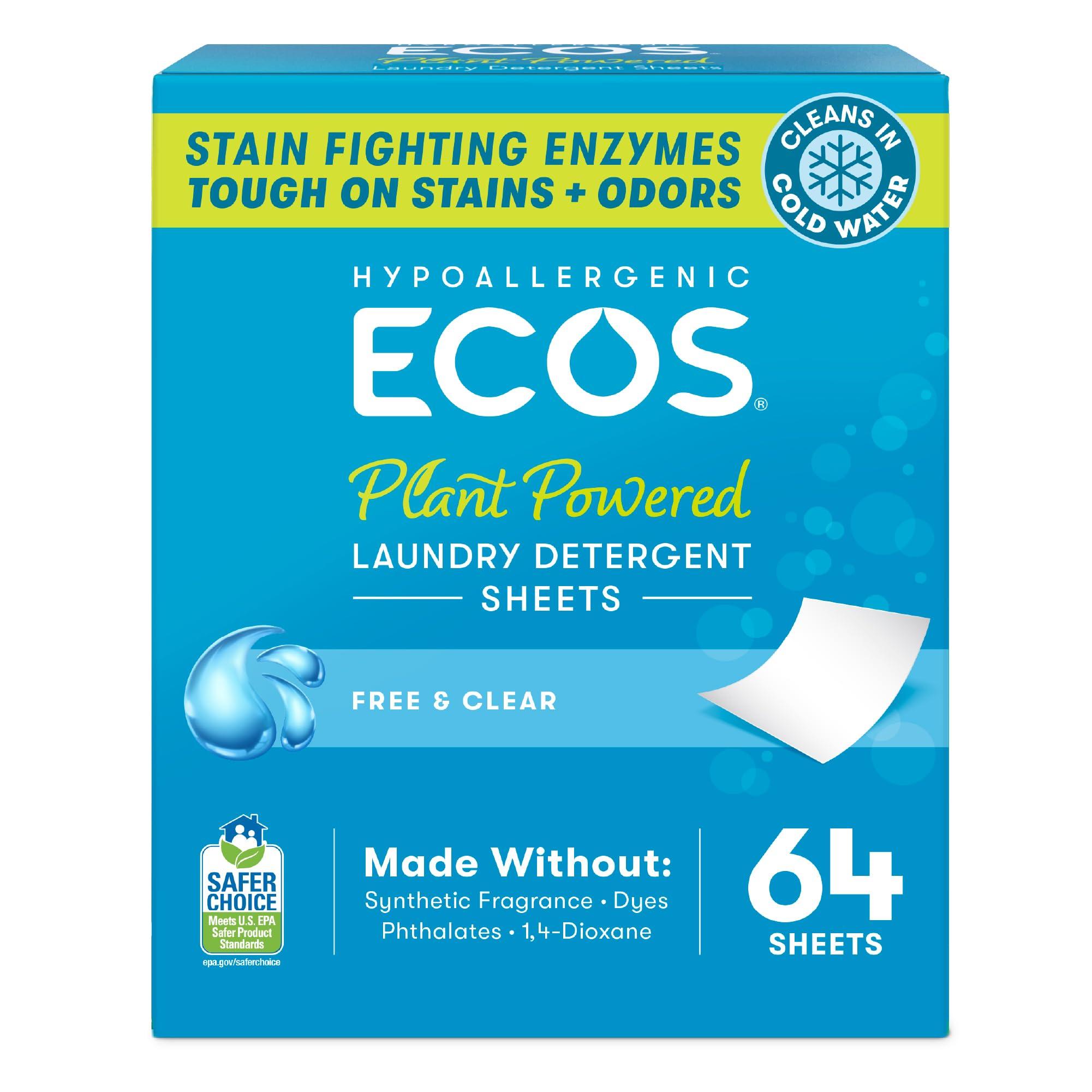 ECOS Laundry Detergent Sheets Vegan, No Plastic Jug, No Mess & Liquid Free - Laundry Sheets in Washer - Hypoallergenic, Plant Powered Laundry Detergent Sheets - Free and Clear - 64 Sheets (Pack of 1)