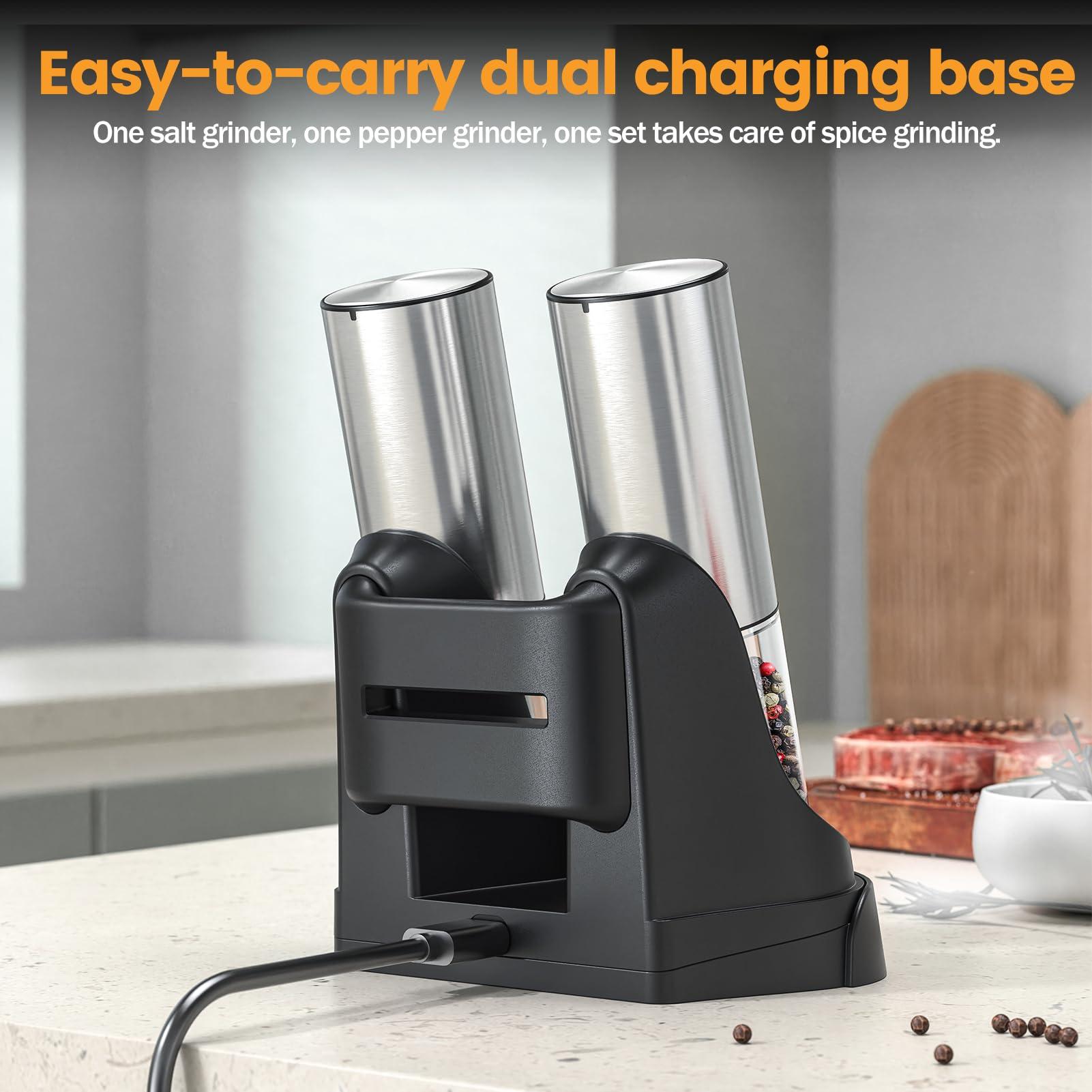 Electric Salt and Pepper Grinder Set — Automatic Rechargeable Salt / Pepper Grinder with Charging Base and LED Light, Adjustable Coarseness, Large Capacity, One-handed Operation Salt Pepper Mills - Image 2