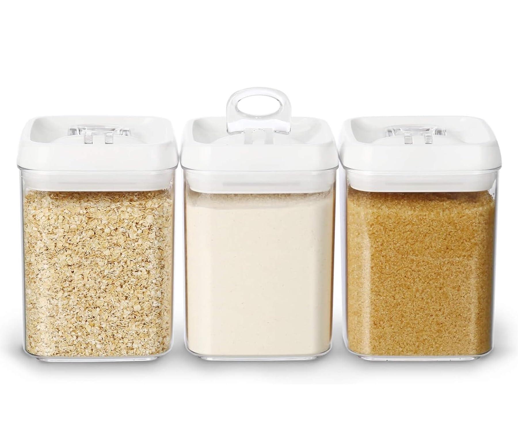 Felli Flip Tite Food Storage Containers With Lid 5" LARGE Airtight Ring Lock Flip Top, Square Acrylic Canister Jar for Rice Sugar Flour Protein Powder, Kitchen Pantry Organizer, Gift Set (1.8qt)
