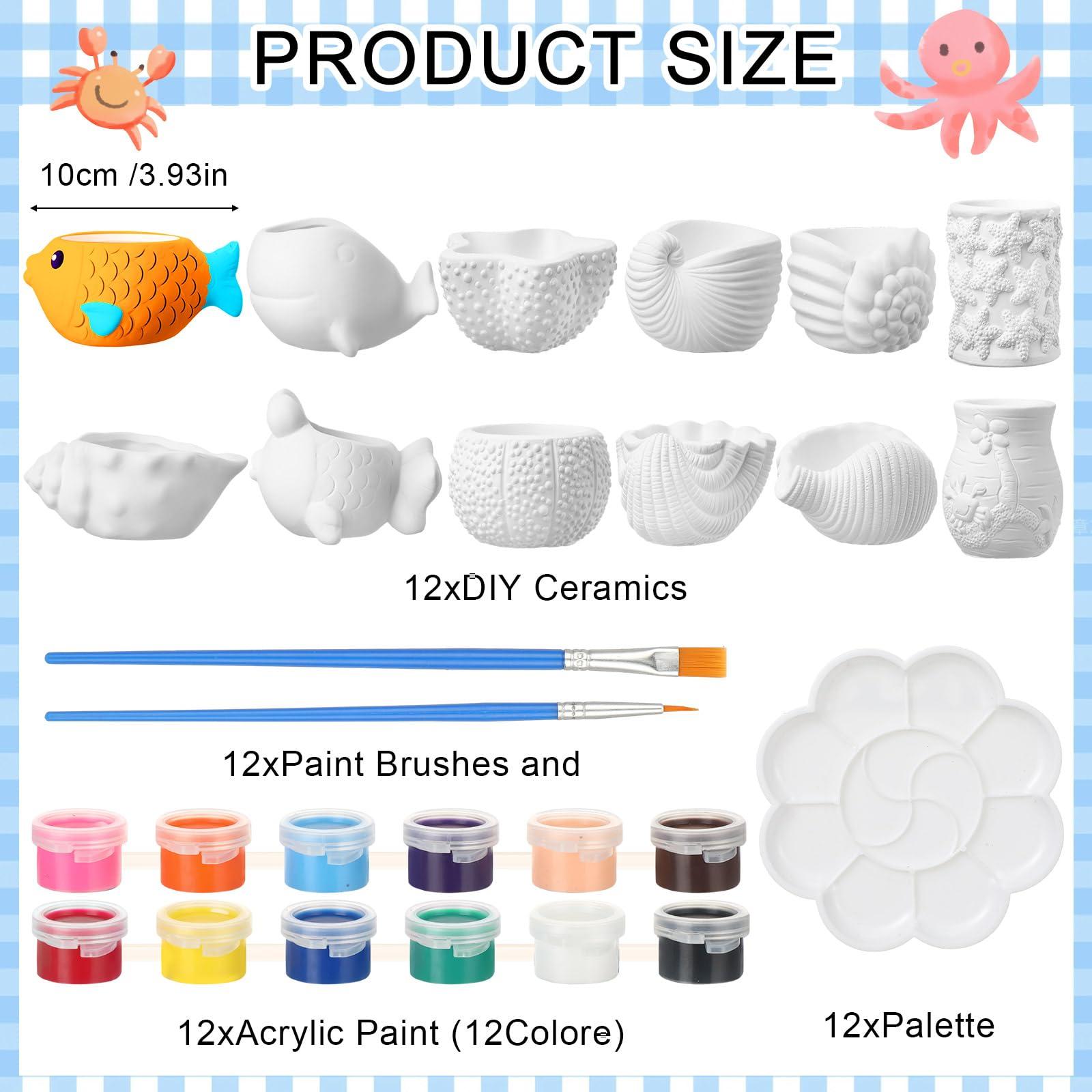 Hushee 12 Sets Ceramic Succulent Planters Paintable Succulent Plant Pots Small DIY Figurines Unpainted Pots with Drainage Hole Color Paints Paintbrushes Palettes(Sea Animals) - Image 3