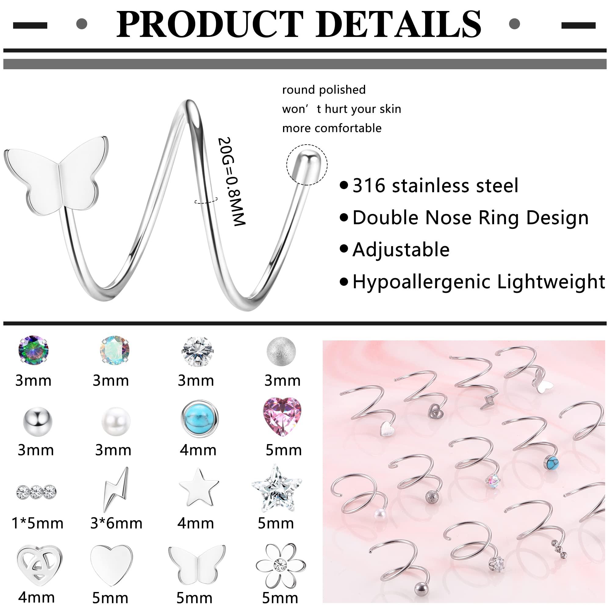 FASACCO 16Pcs Double Nose Ring Hoop for Single Piercing 20 Gauge Stainless Steel Nose Hoop Spiral Star Pearl CZ Butterfly Twist Nose Ring Hoops Double Hoop Earrings for Women - Image 4