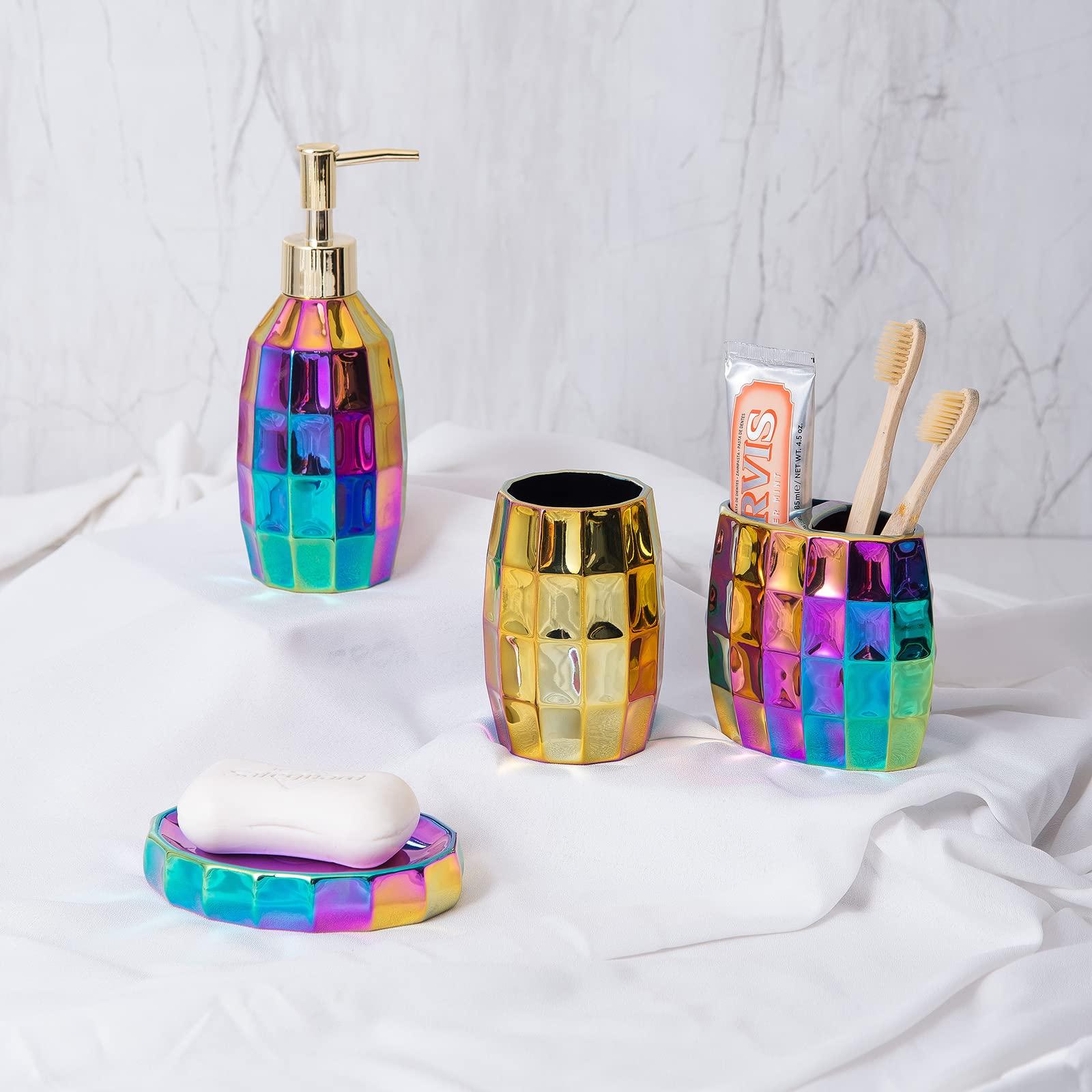Rainbow Bathroom Accessory Set, Colorful/Gold Mosaic Ceramic Bathroom Accessories Sets Includes Lotion Dispenser, Toothbrush Holder Tumbler, and Soap Dish - Image 5