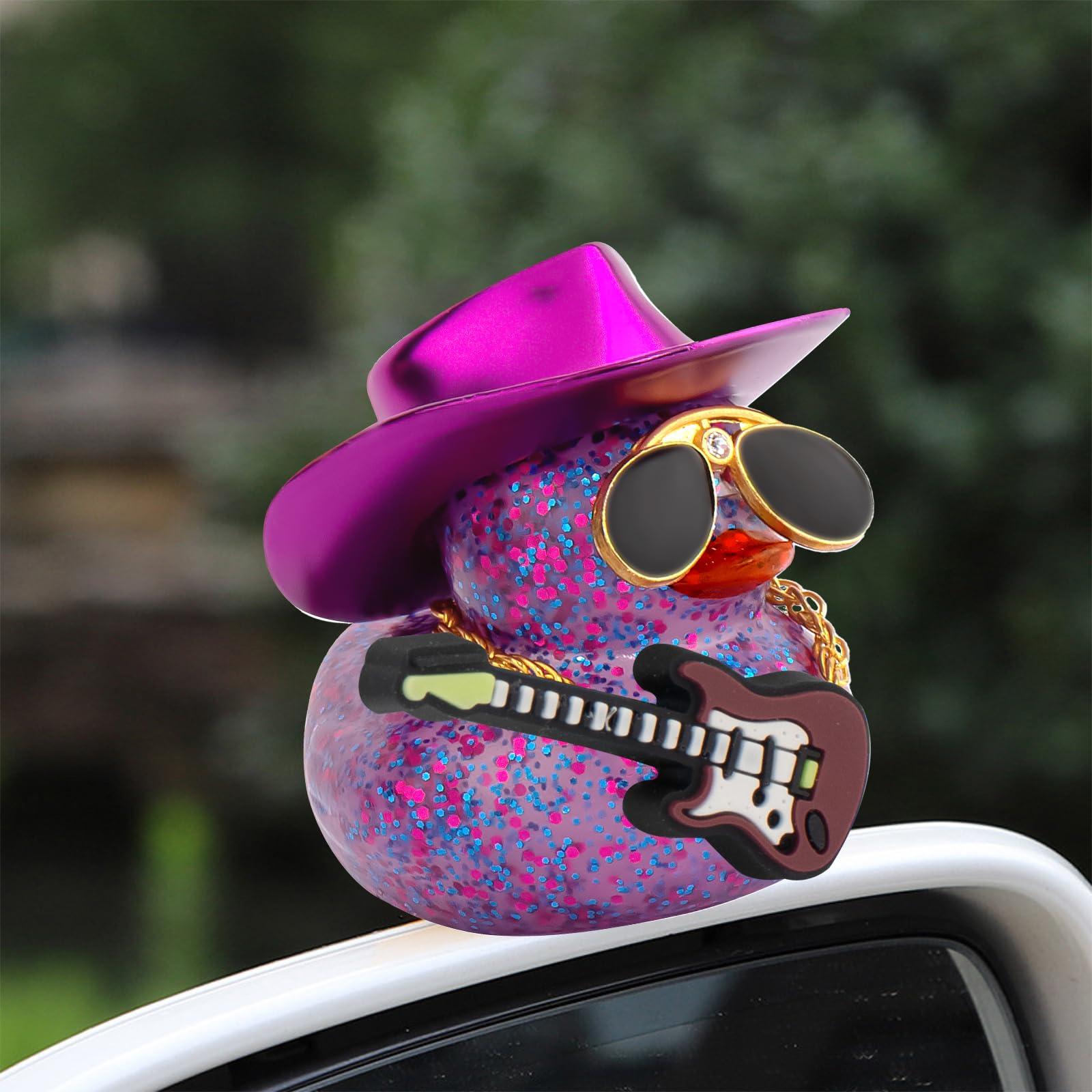 wonuu Car Decorations Laser Cowboy Hat Rubber Ducks, Dashboard Rubber Ducky for Car Ornament Cute Duck with Hat, Glasses, Necklace, Guitar (Glitter Purple) - Image 2