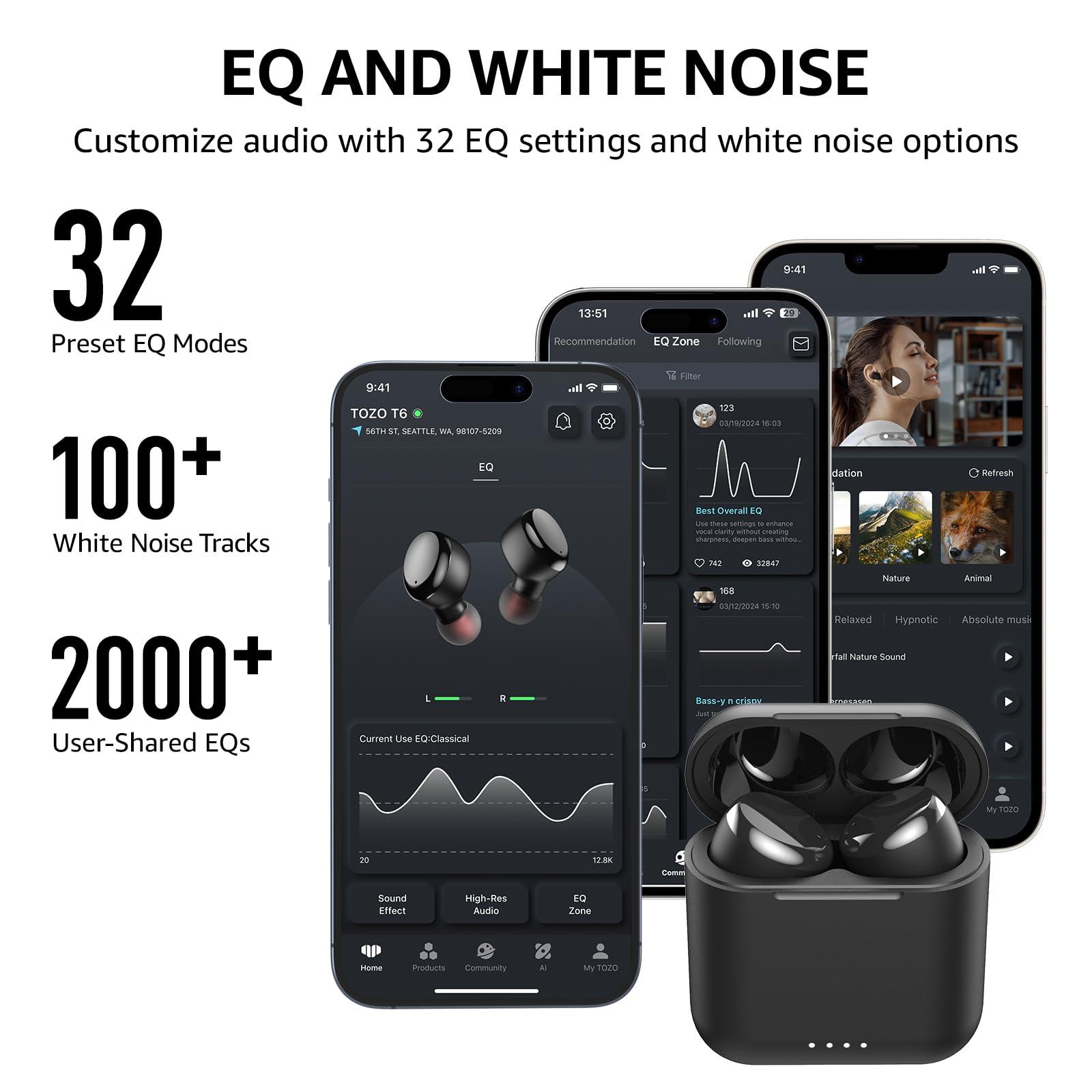 TOZO T6 True Wireless Earbuds Bluetooth 5.3 Headphones 50H Long Playtime, Wireless Charging Case, IPX8 Waterproof Stereo Earphones, Built-in Mic Calls, Headset Premium Deep Bass 32 Preset EQs via APP - Image 5
