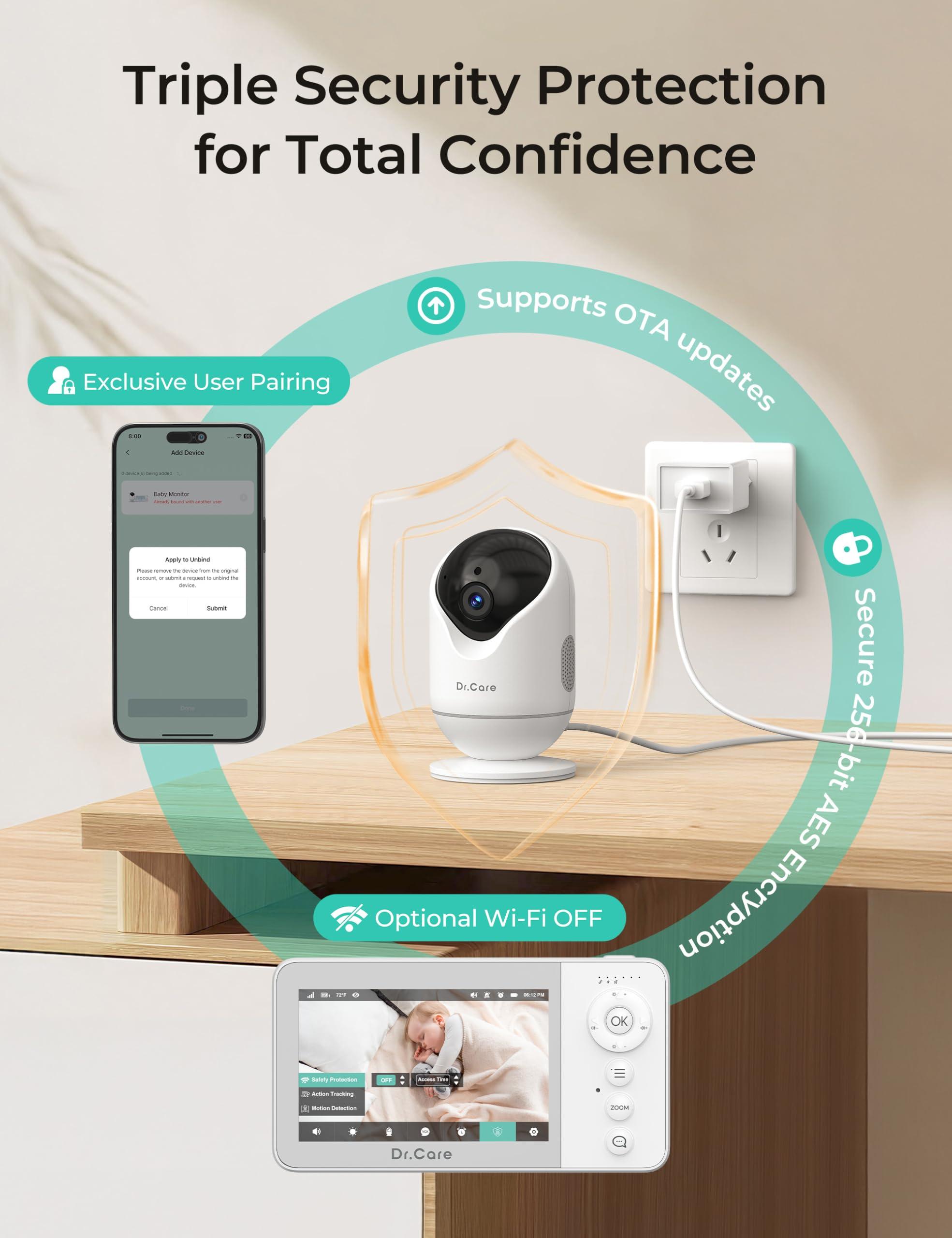Dr.Care VistaView Lite RB Smart WiFi Baby Monitor - 4” 720P Split Screen & 1080P Camera App Control, Motion Alerts, 2500mAh Removable Battery, HD Night Vision, 2-Way Talk, Multi-User, Triple Security - Image 7
