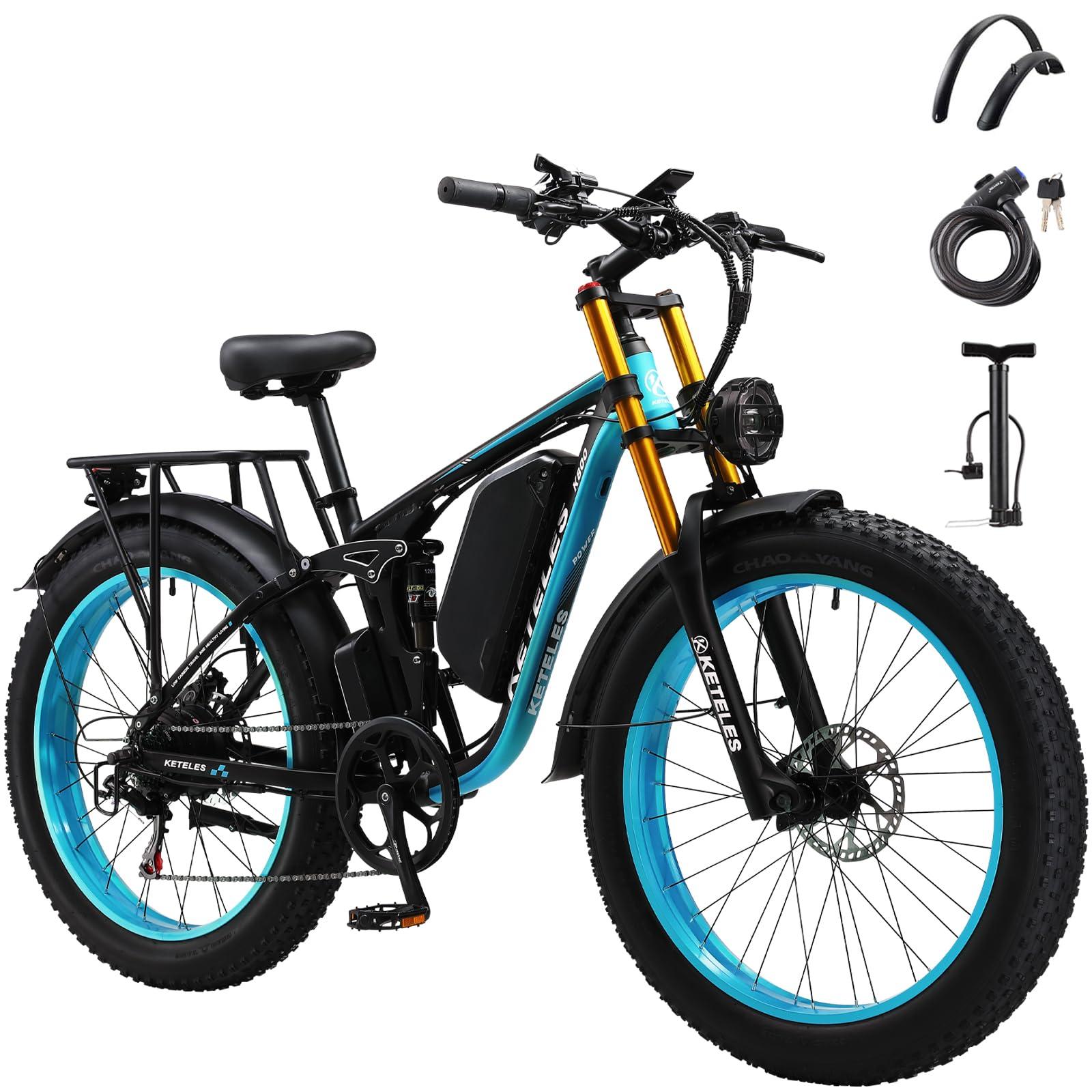 Electric Bike for Adults, 4000W Peak Power 26” Fat Tire Ebike, 34MPH AWD Dual Motor Electric Bicycles, 48V 23AH Removable Battery Fast Dual Hydraulic Brakes Electric Mountain Bike (Black-Blue)