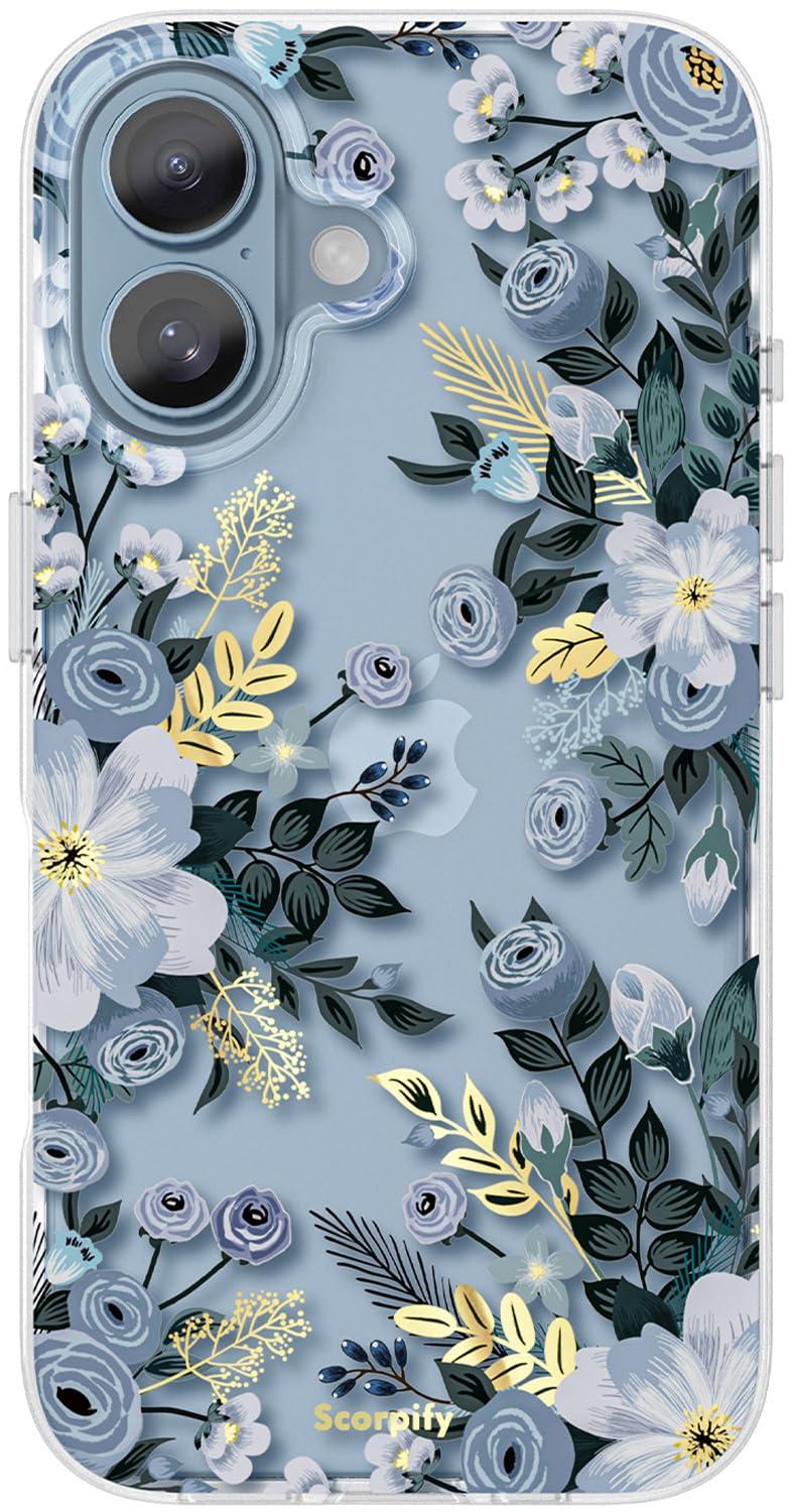 SCORPIFY for iPhone 16 Case with Blue Nemophila Floral Design, Cute Clear Flower Phone Cover for Women Girls, [Non Yellowing] Slim Shockproof Bumper with Gold Accents