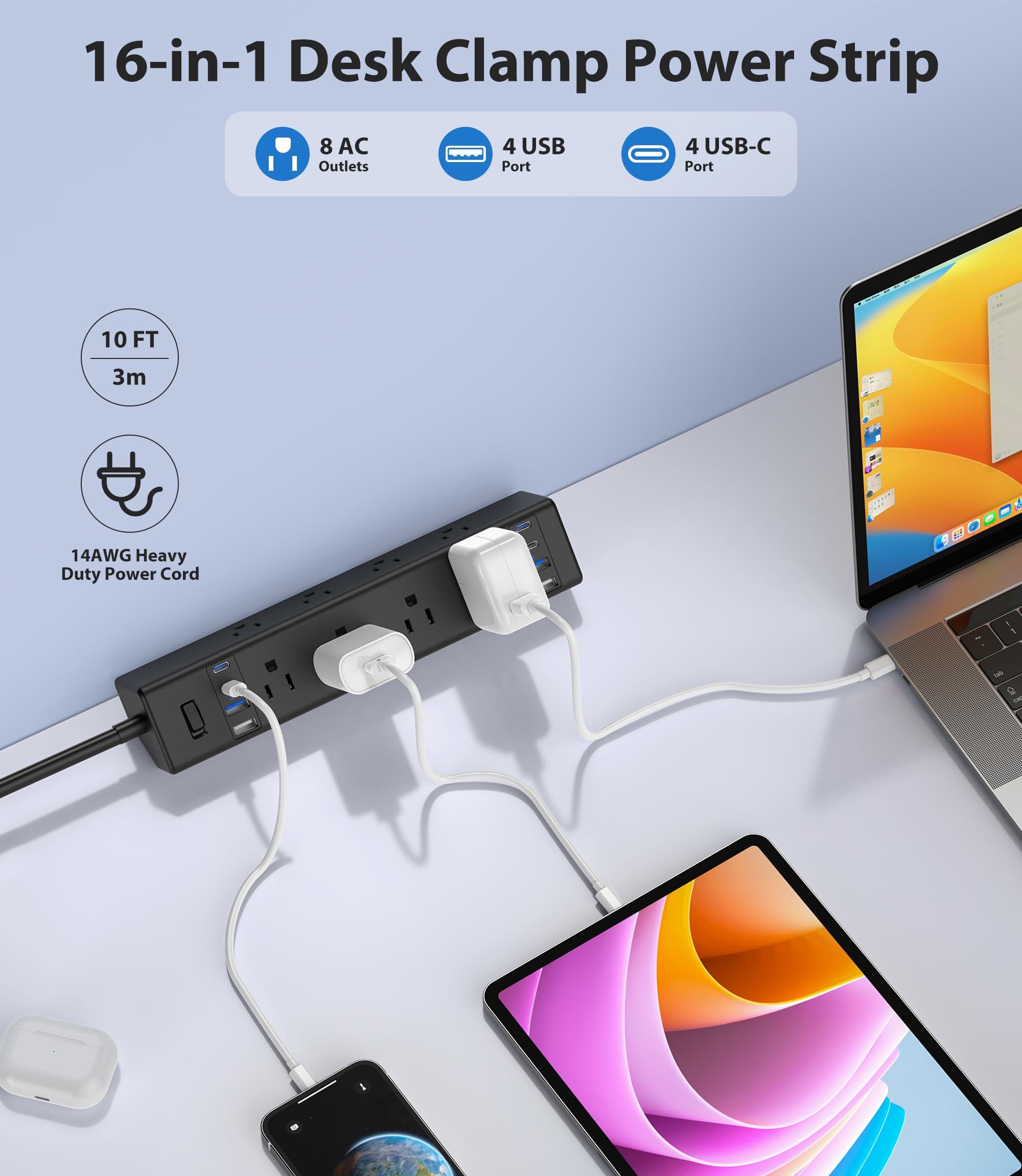 40W Fast Charging Station,Desk Clamp Power Strip 20W USB C,8 Outlets,8 USB Ports,4 USB C and 4 USB A, Office Furniture Surge Protector, 14AWG Cord, Fits 1.9" Tabletop Edge (Black, 10FT Length) - Image 3
