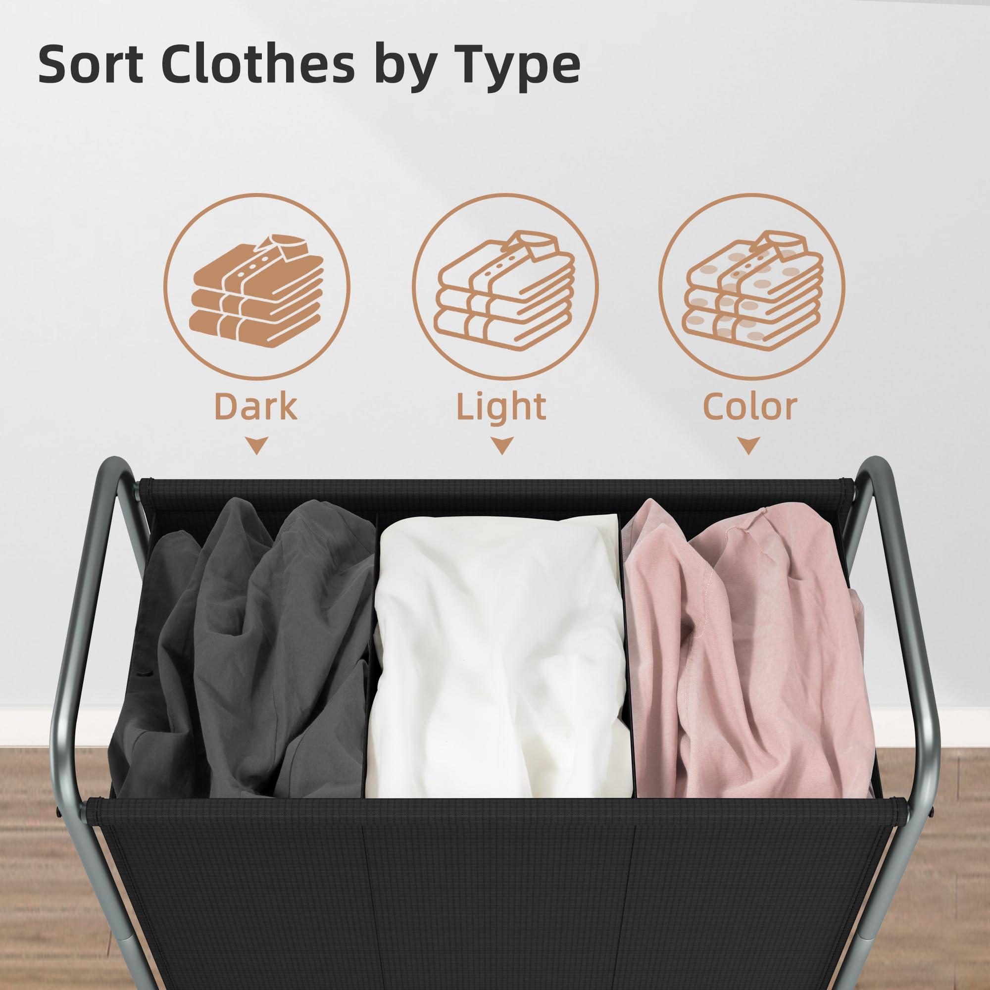 STORAGE MANIAC Rolling Laundry Hamper, 165L Laundry Basket with Lockable Wheels, Triple Clothes Sorter Cart, 3 Bag Clothes Separator Hamper for Closet, Bathroom, Laundrys Room, 3 Section Black - Image 5