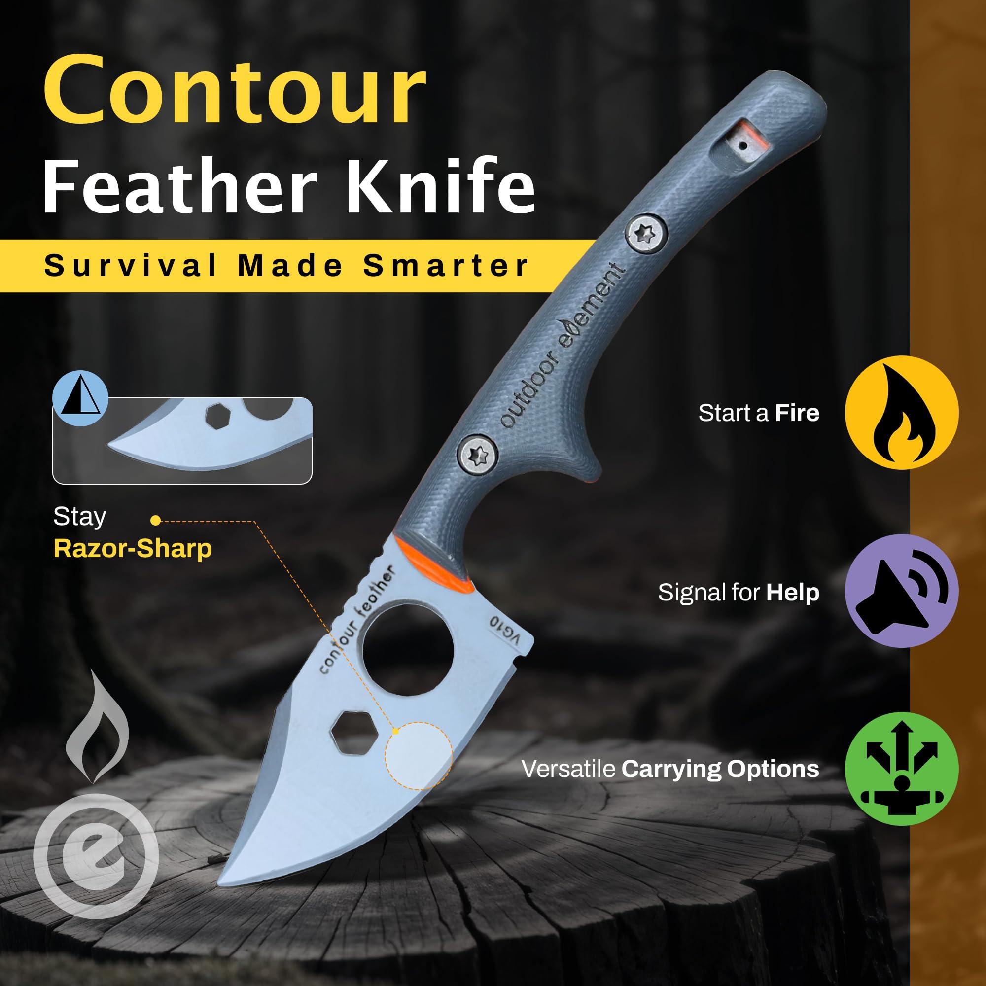 OUTDOOR ELEMENT Contour Feather Adventure Survival Knife - Fixed Blade, Hunting, Camping Knife with Fire Starter, Sharpener, Whistle, Hex Driver, Sheath - Full Tang, VG10 Steel, Belt Clip - Image 2