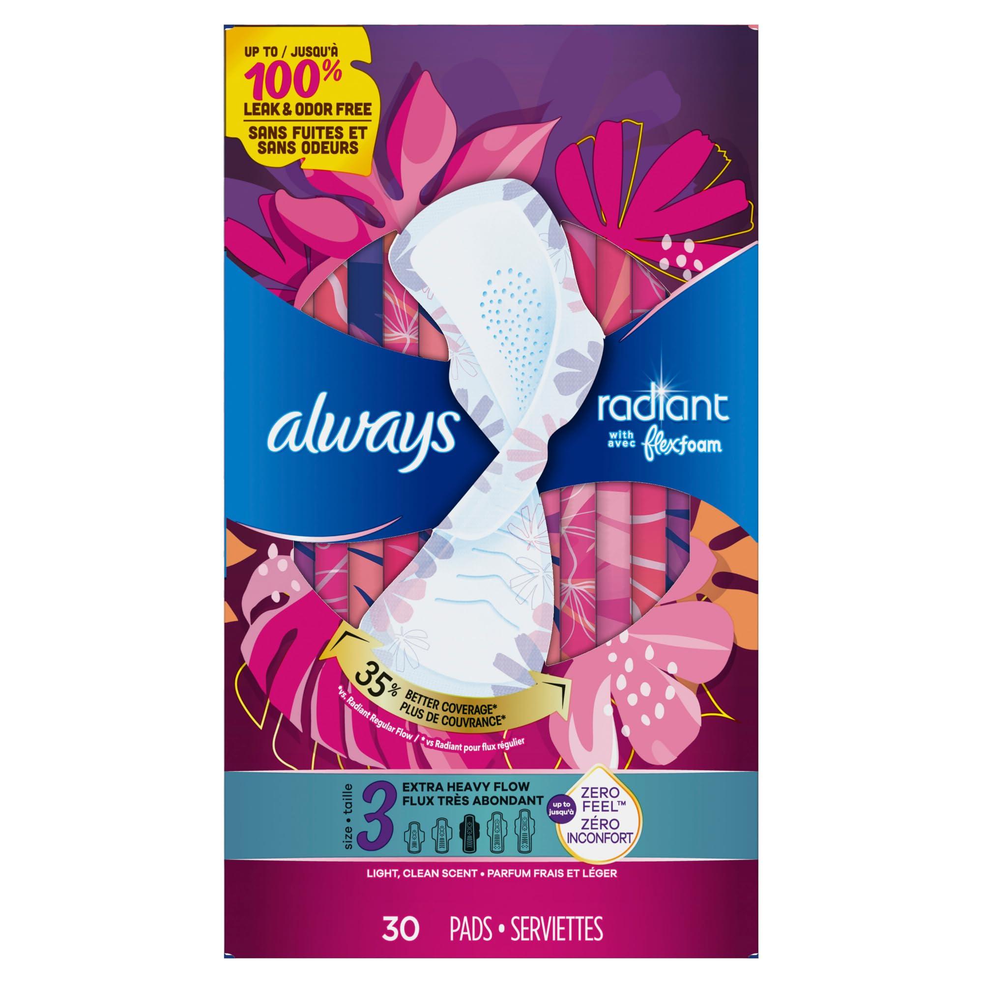Always Radiant Feminine Pads for Women, Flexfoam Pads with Wings, Size 3, Extra Heavy Absorbency, Lightly Scented, 30 Count (Packaging May Vary) - Image 10