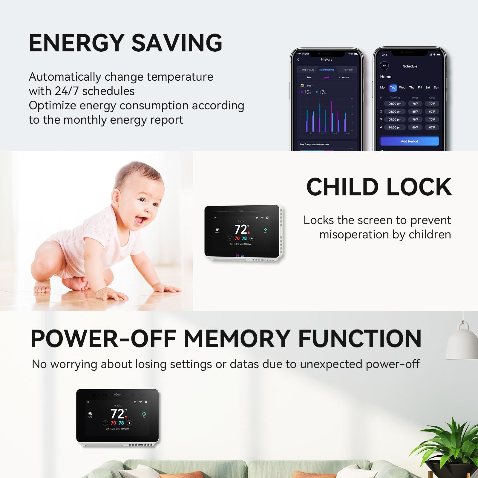 vine Programmable Thermostat for House with 4.3" Touch Screen, WiFi Smart Home Thermostat for AC and Heating, App/Voice Control, Compatible with Alexa and Google Assistant, C-Wire Required, TJ-919T - Image 7