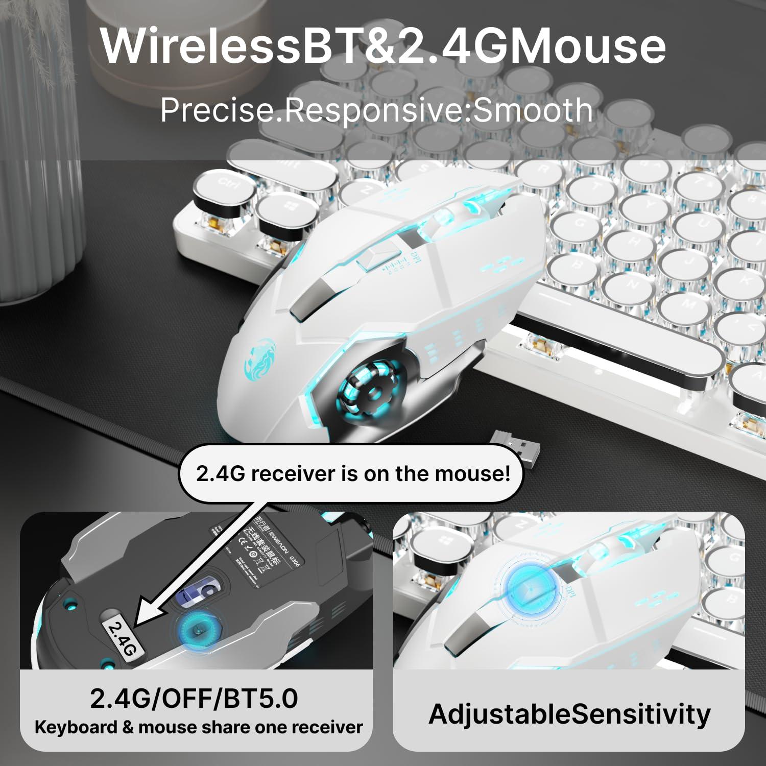 TK950 Wireless Typewriter Keyboard and Mouse Combo,104 Keys Retro Typewriter Mechanical Keyboard with White Backlit, Anti-Ghosting, Blue Switch, Bluetooth/2.4G/Wired Cute Gaming Keyboards-White - Image 6